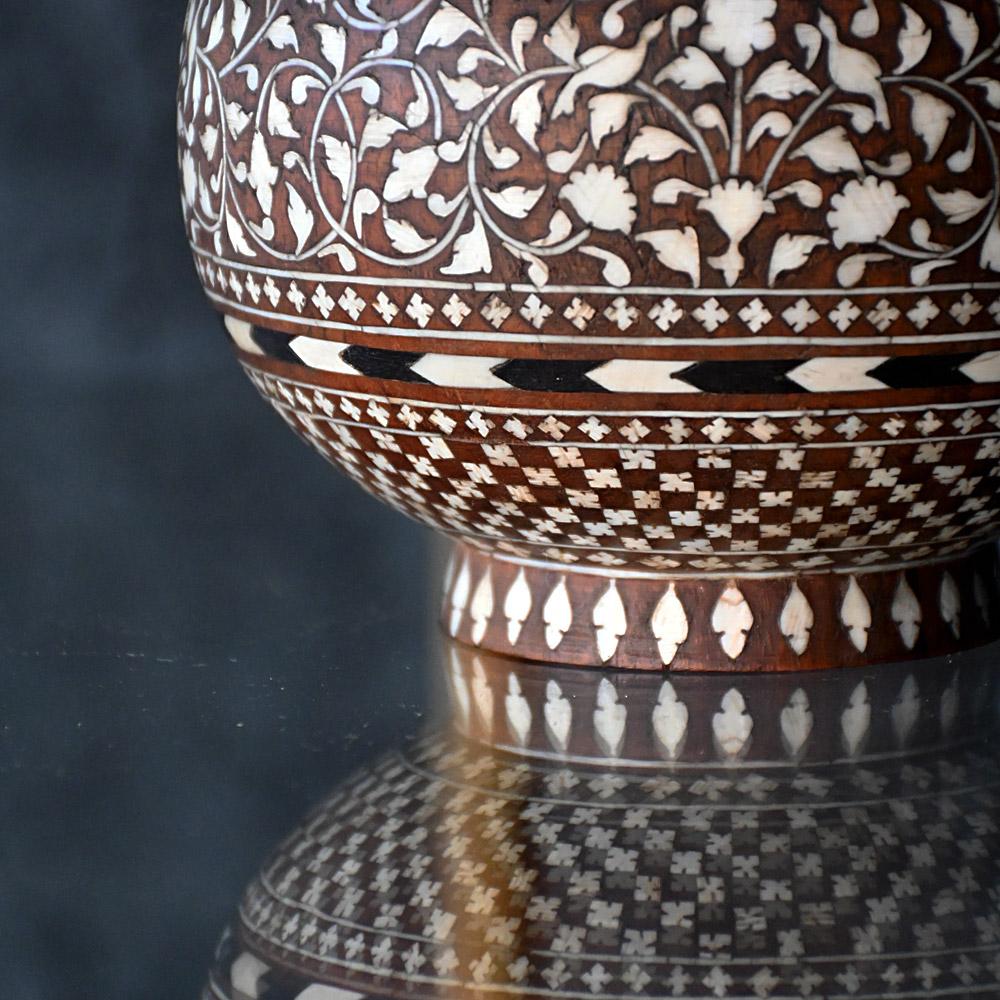Rare 19th Century Hoshiarpur Hand Crafted Vessel
A rare example of a late 19th century hand crafted Indian Hoshiarpur inlayed vessel of sorts. The refined detail and placement of patterned motif work on this example is quite exquisite. A rare