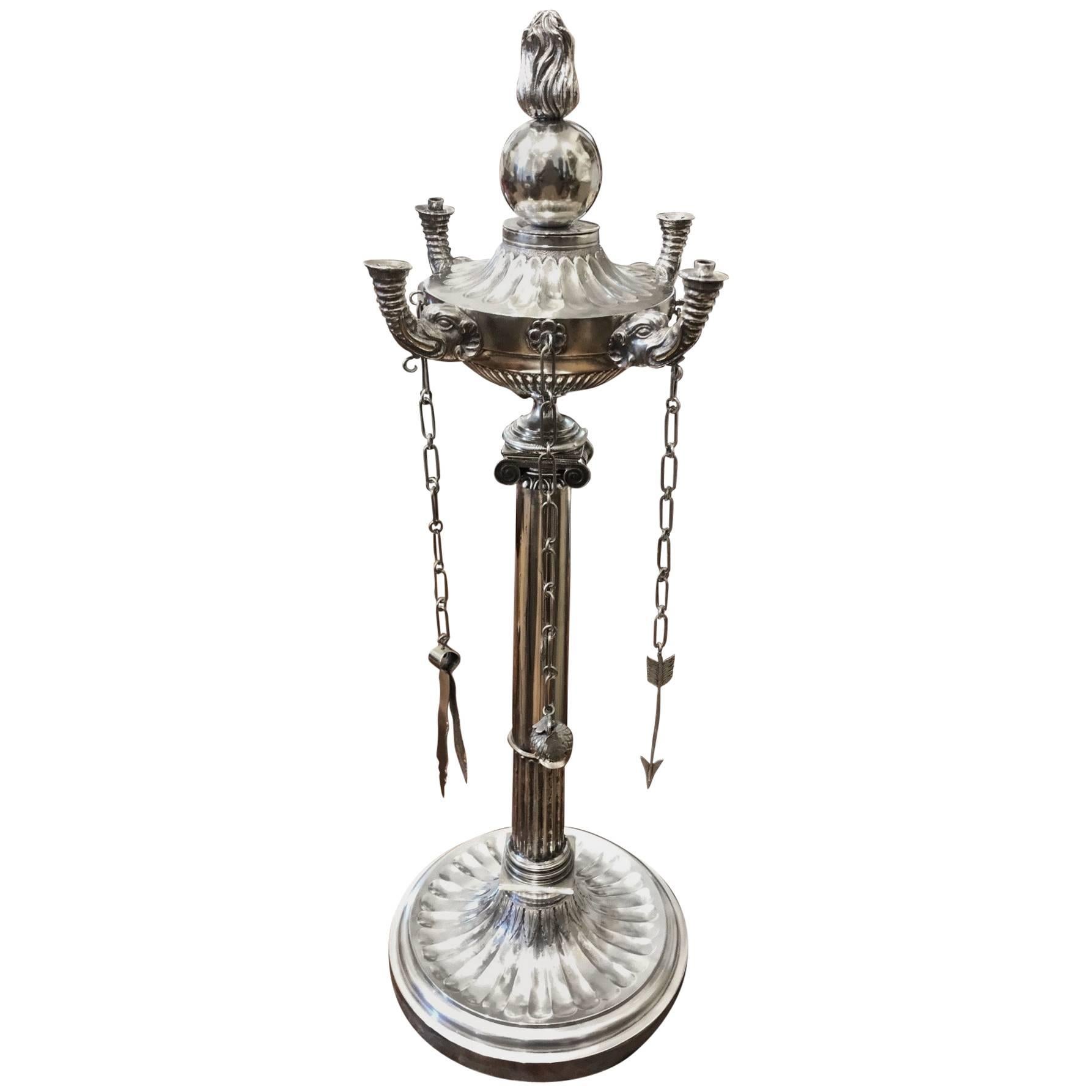 Rare 19th Century Indian Neoclassical Silver Oil Lamp