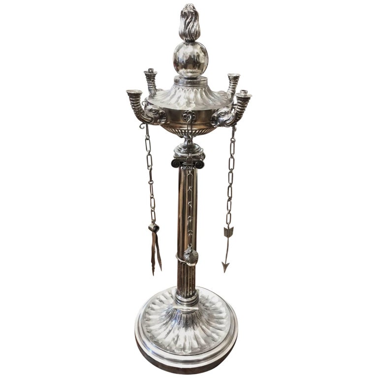 Rare 19th Century Indian Neoclassical Silver Oil Lamp For Sale at