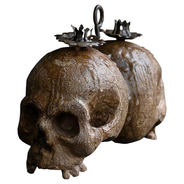 Rare bougeoir Memento Mori italien du 19e siècle sculpté à la main