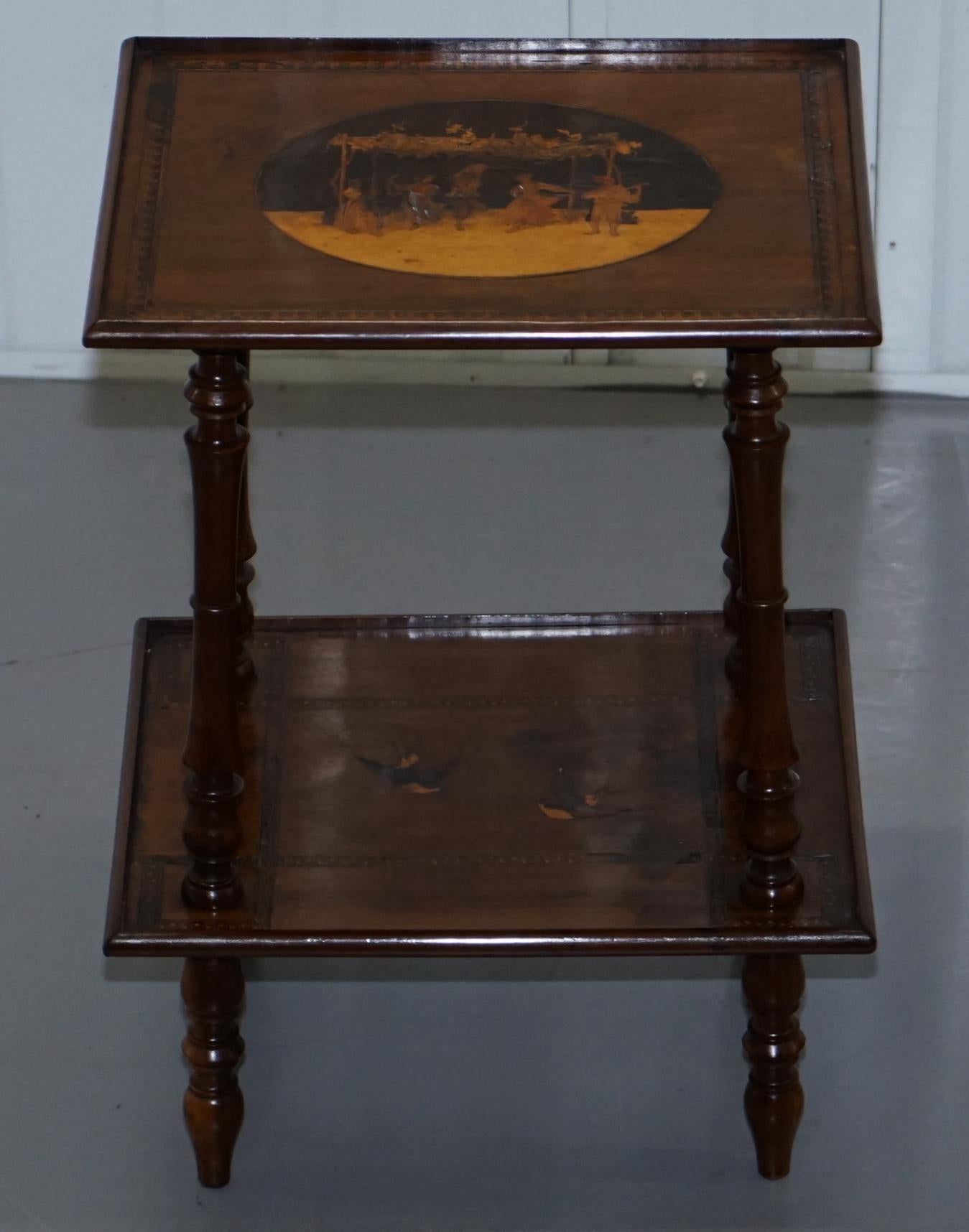 We are delighted to this very rare 19th century marquetry inlaid Italian side table with dancers and birds

A very rare piece, you don’t come across many Italian tables like this, the detail is amazing, it is a rare survivor. The top inlay depicts