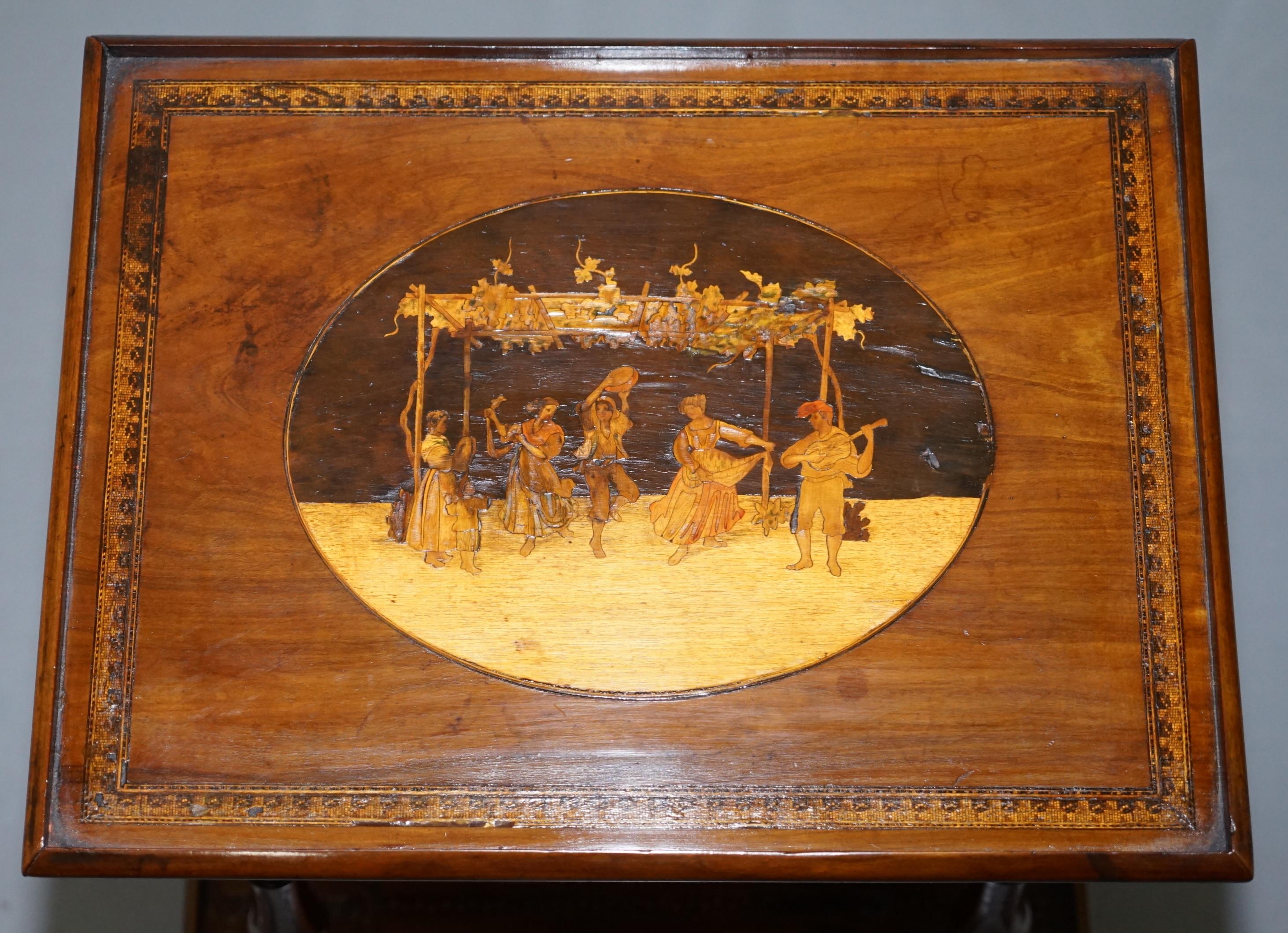 Victorian Rare 19th Century Italian Side Lamp Table Marquetry Inlaid Dancers to the Top For Sale