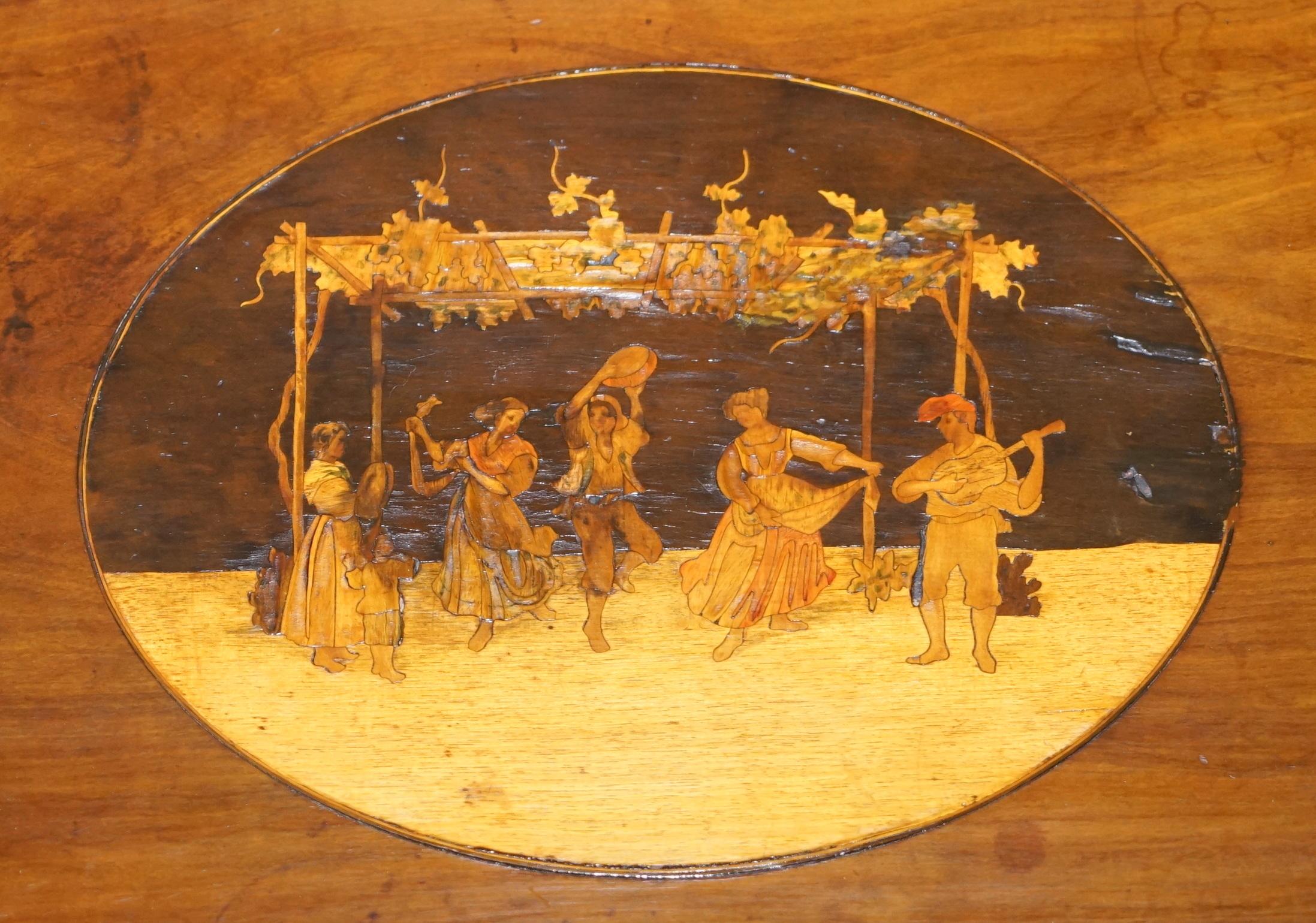 Hand-Crafted Rare 19th Century Italian Side Lamp Table Marquetry Inlaid Dancers to the Top For Sale