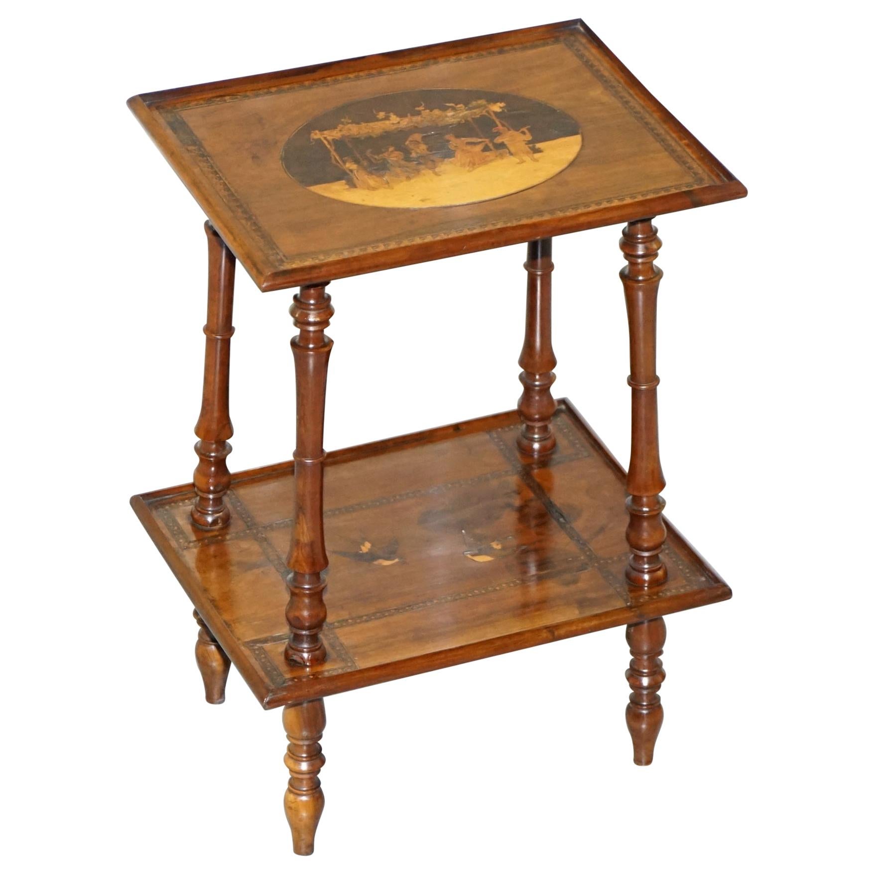 Rare 19th Century Italian Side Lamp Table Marquetry Inlaid Dancers to the Top