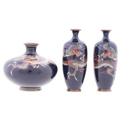   Rare 19th Century Japanese Cloisonné Enamel Dragon 3 Piece Set