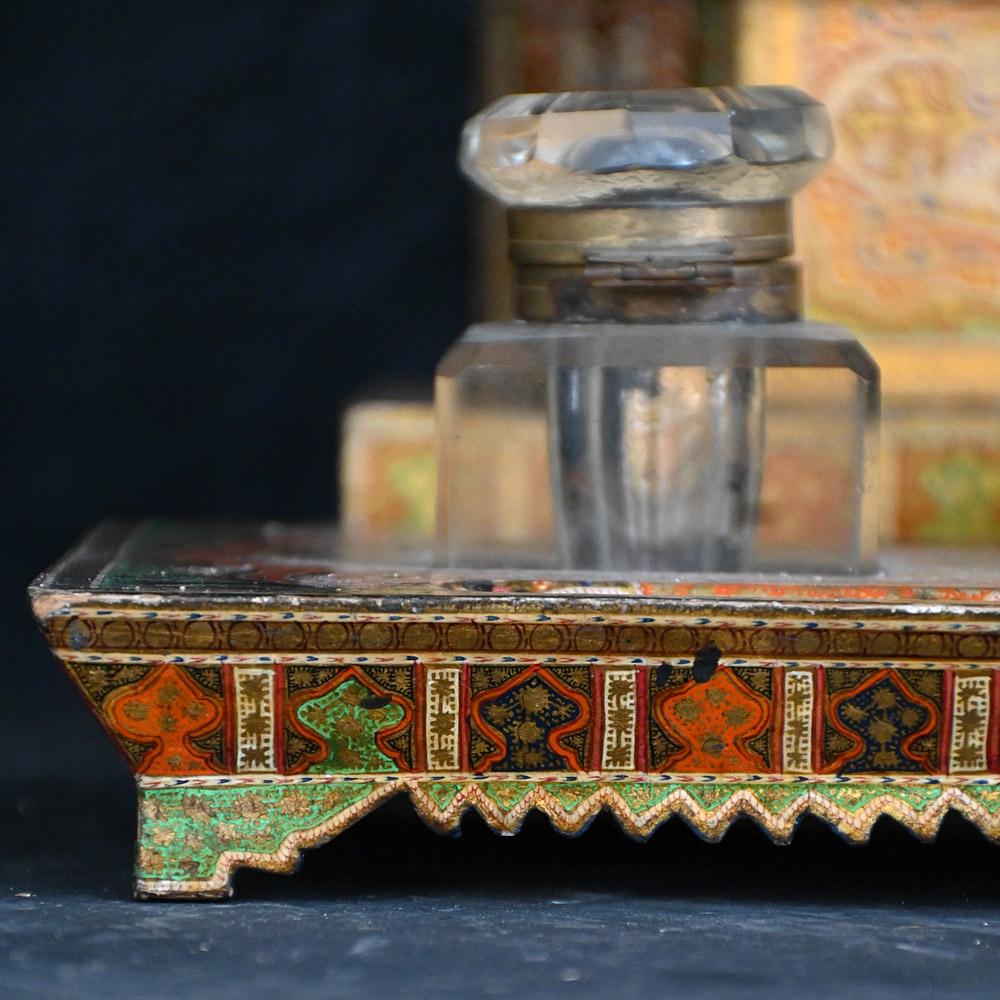 Rare 19th Century Kashmir Hand Painted Inkwell and Boxes Set For Sale 3