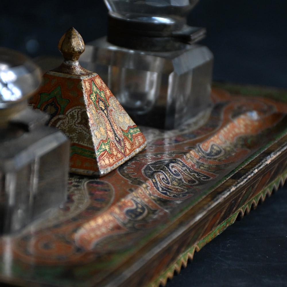 Rare 19th Century Kashmir Hand Painted Inkwell and Boxes Set For Sale 5