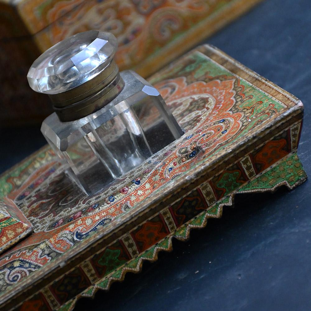 Early Victorian Rare 19th Century Kashmir Hand Painted Inkwell and Boxes Set For Sale