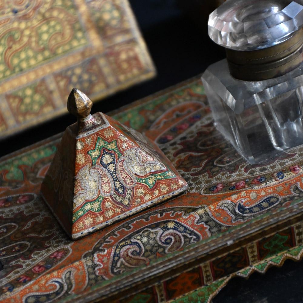 Indian Rare 19th Century Kashmir Hand Painted Inkwell and Boxes Set For Sale