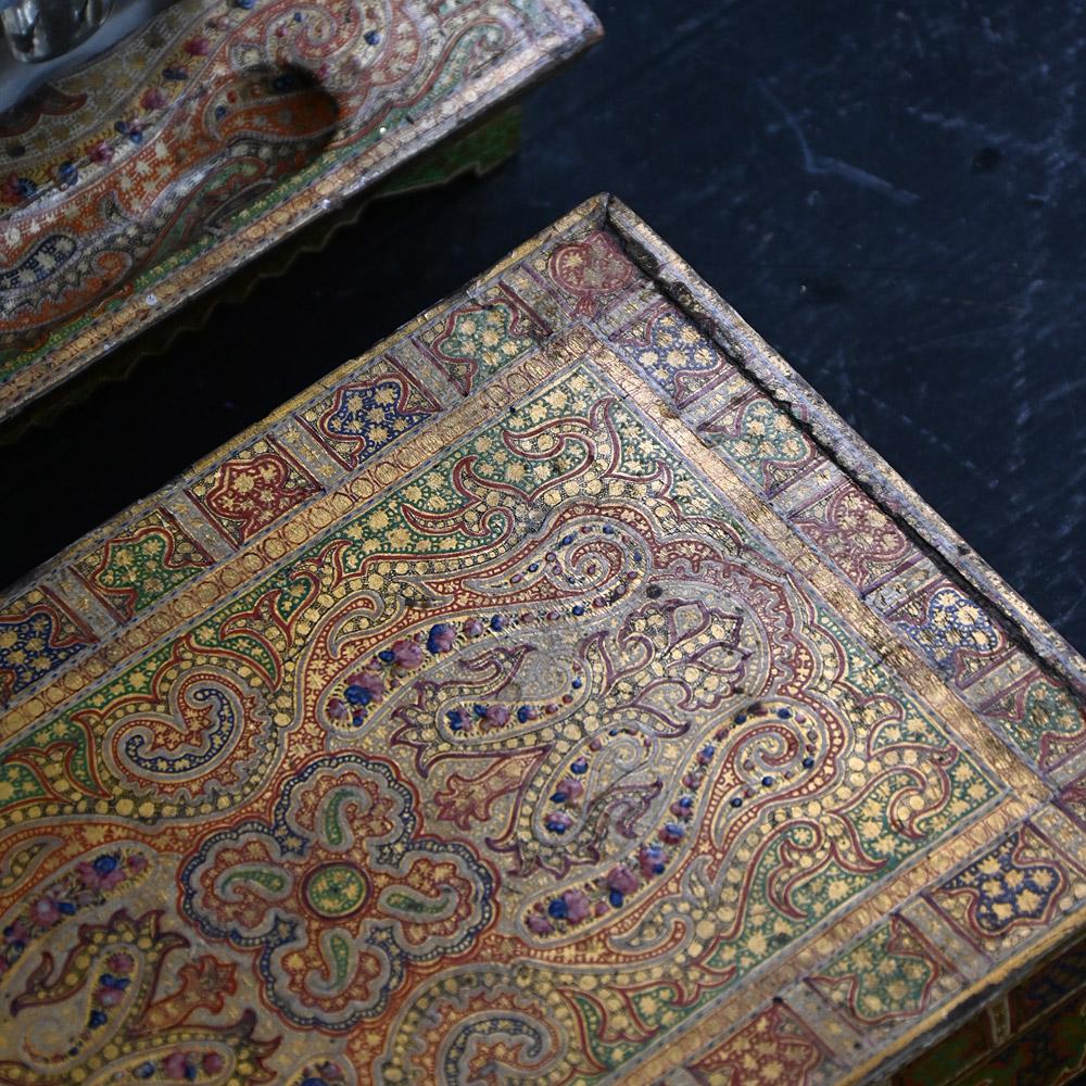 Hand-Crafted Rare 19th Century Kashmir Hand Painted Inkwell and Boxes Set For Sale