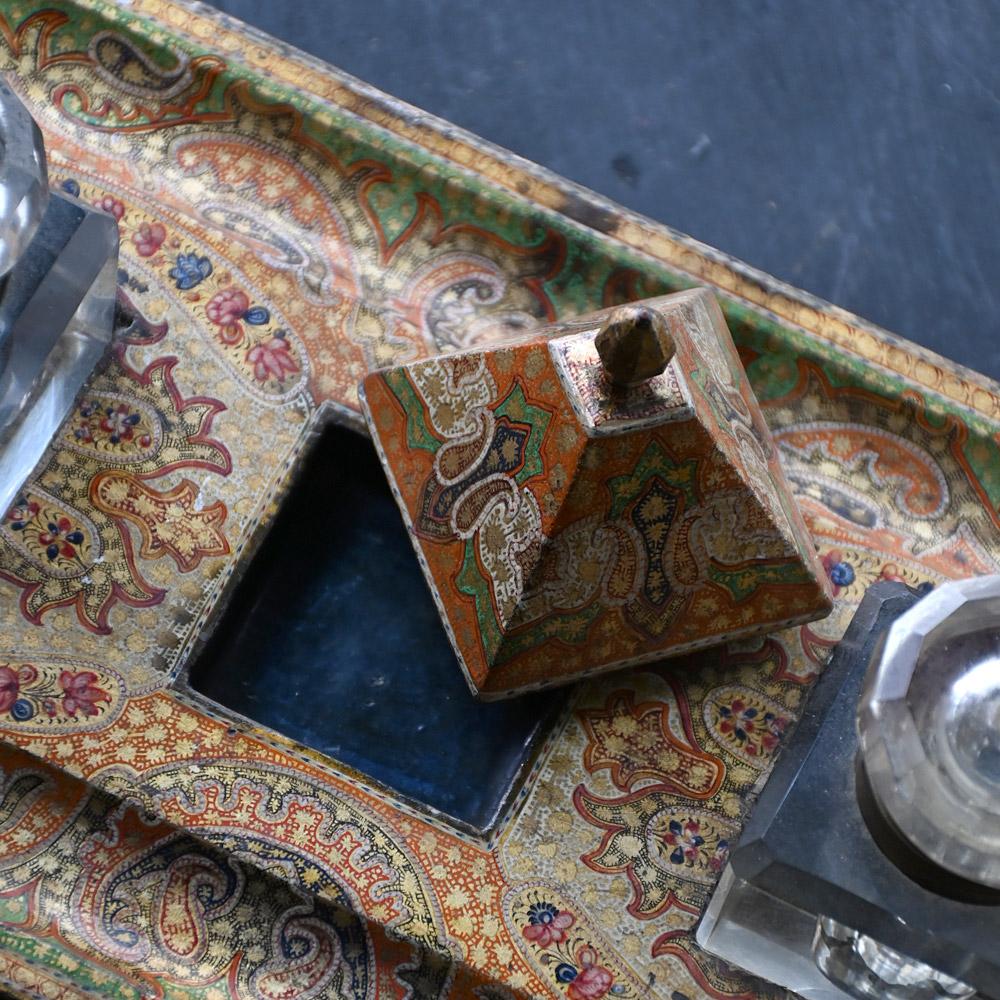 Rare 19th Century Kashmir Hand Painted Inkwell and Boxes Set For Sale 1