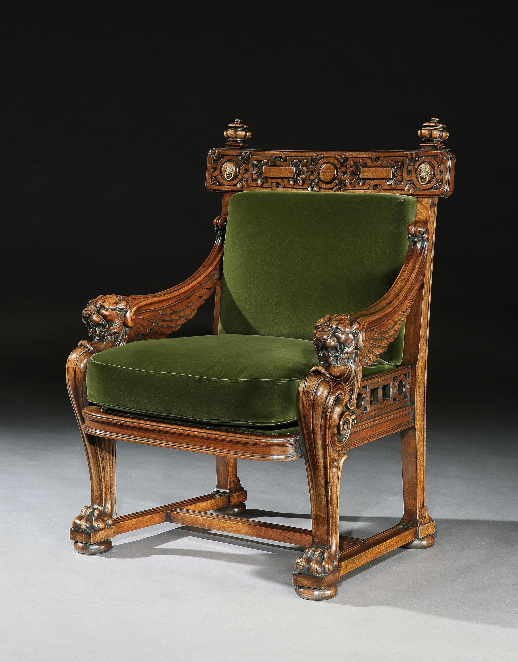 A very fine and impressive European walnut monopodia library armchair, upholstered in a Rosie Uniacke cotton velvet moss, an almost identical armchair having been published in ‘English Furniture 1500-1840 by Geoffrey Beard & Judith
