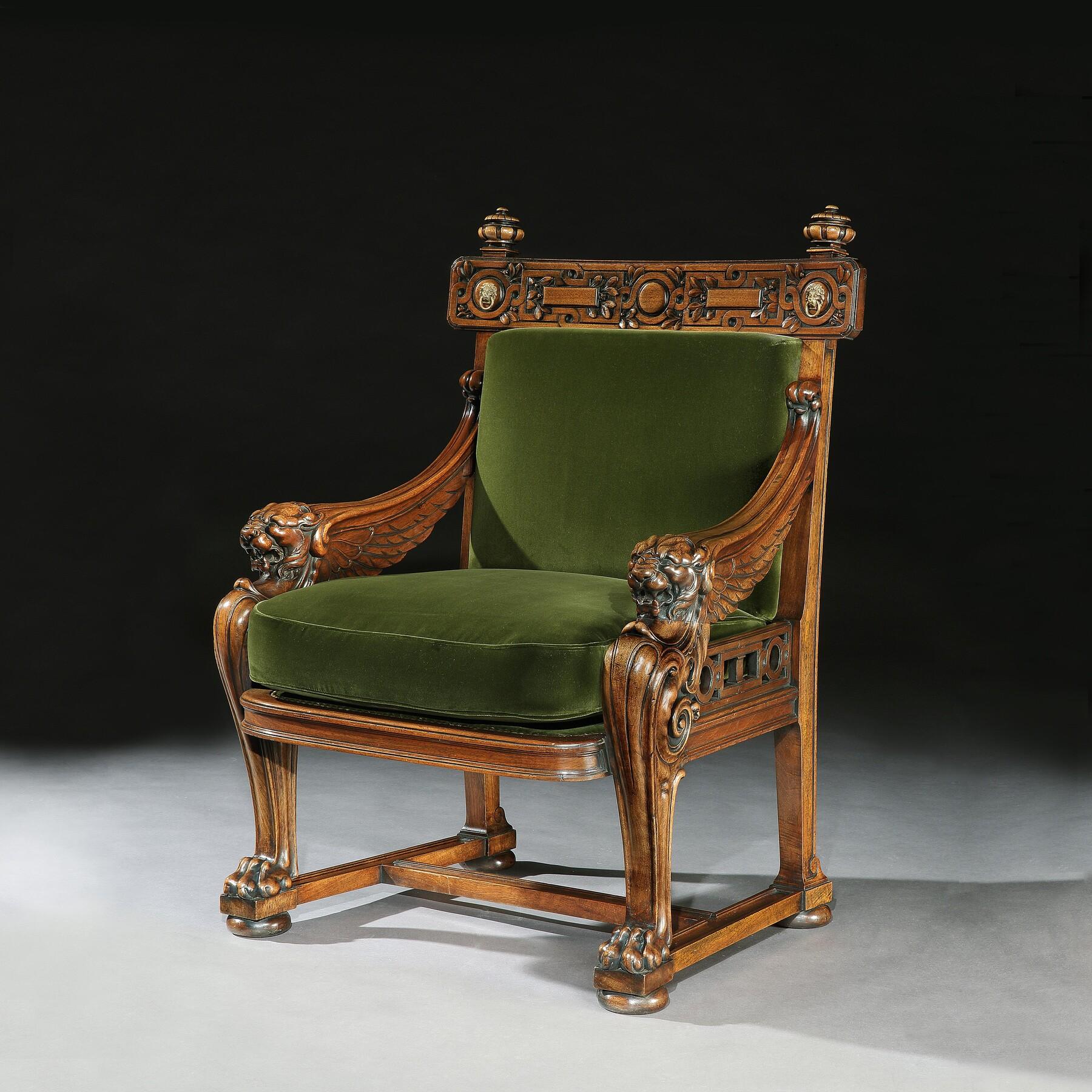 Velours Rare fauteuil Monopodia du 19ème siècle en forme de lion d'après Thomas Hope en vente