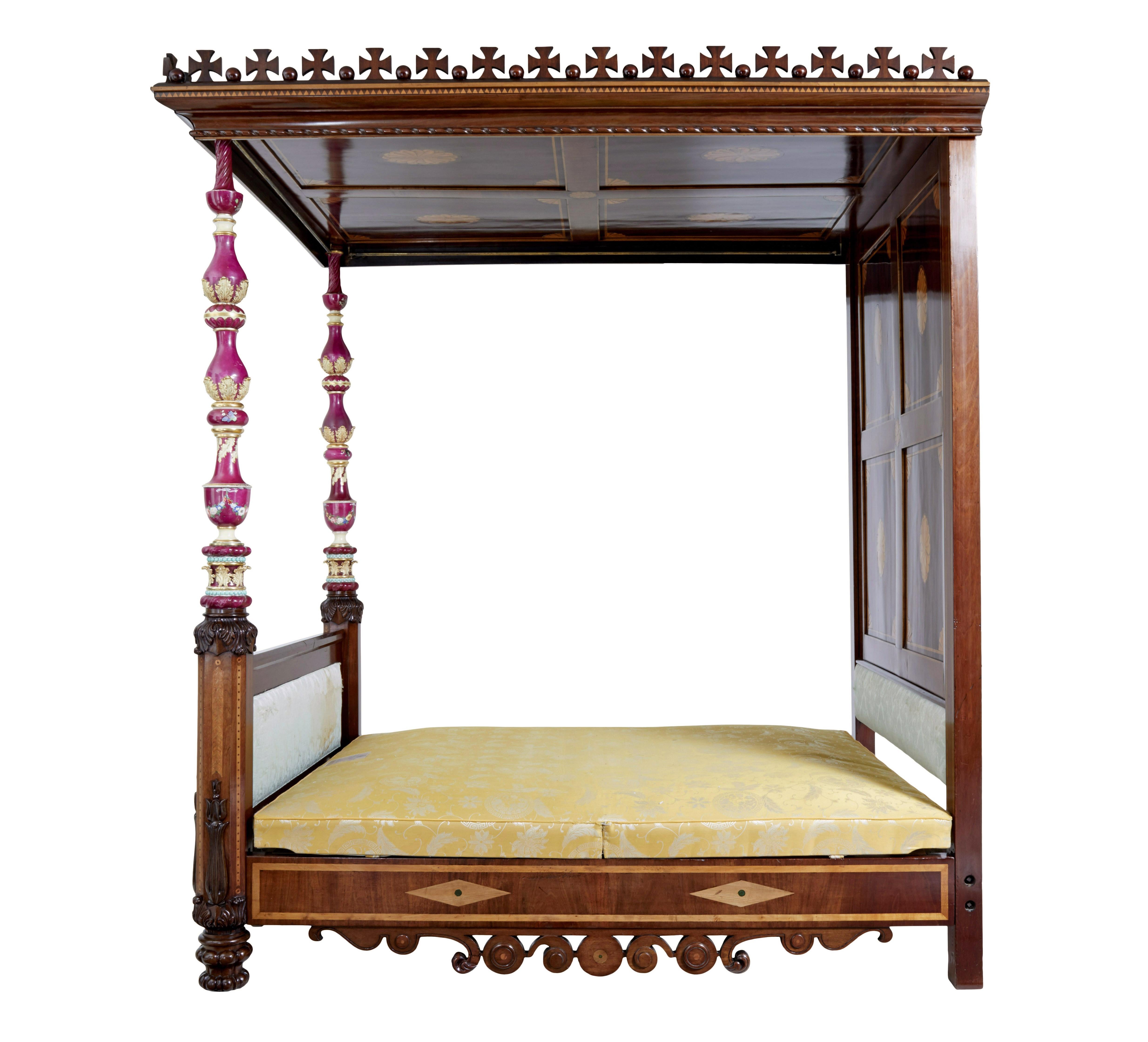 Rare 19th century mahogany and porcelain 4 poster bed For Sale 7