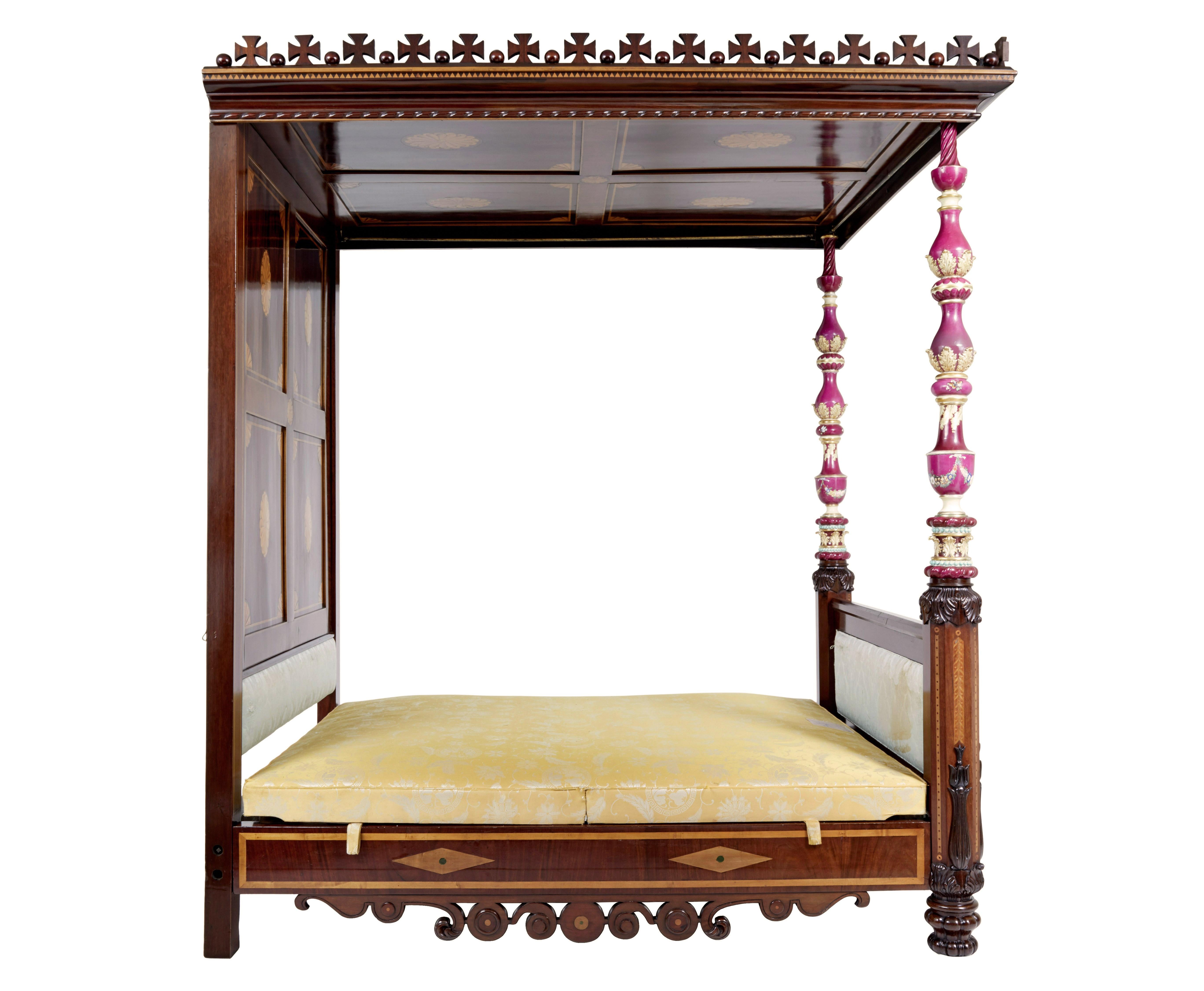 Rare 19th century mahogany and porcelain 4 poster bed For Sale 9
