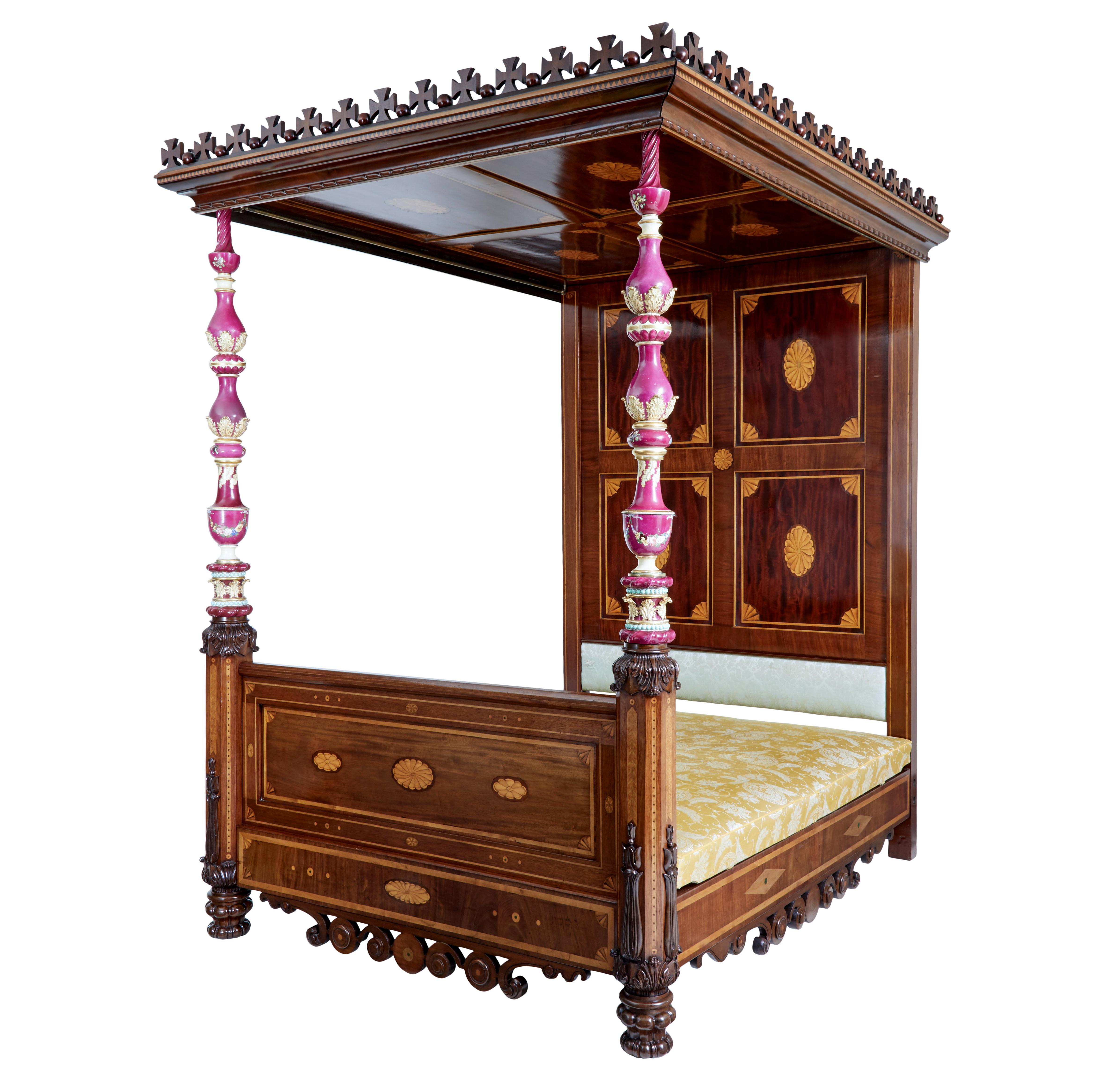 Rare 19th century mahogany and porcelain 4 poster bed circa 1889.

Debenham antiques are pleased to offer this stunning and unique 4 poster bed of grand proportions.  Quite likely to have been made by hobbs & co.

This bed used to be in the