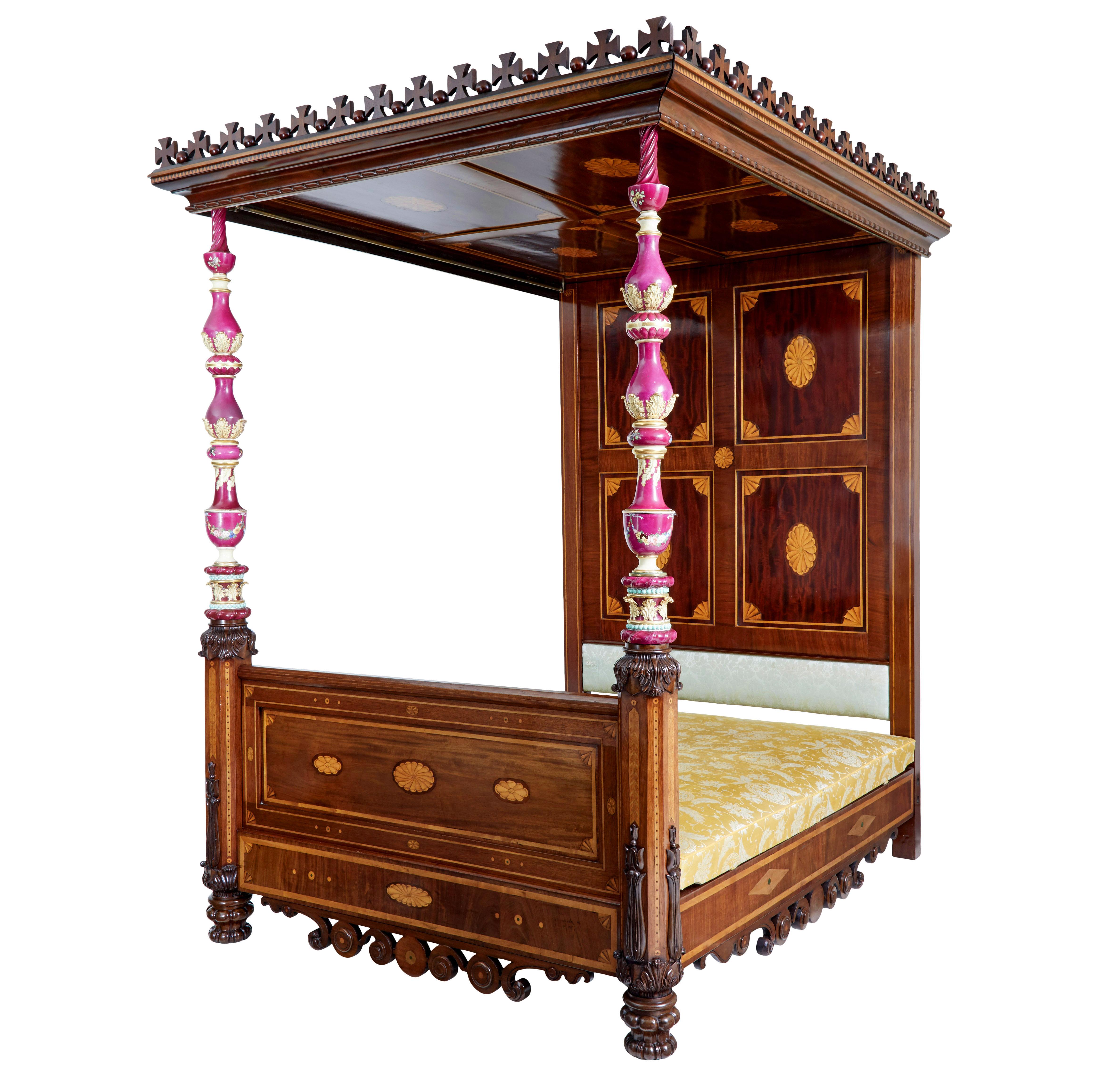 Victorian Rare 19th century mahogany and porcelain 4 poster bed For Sale