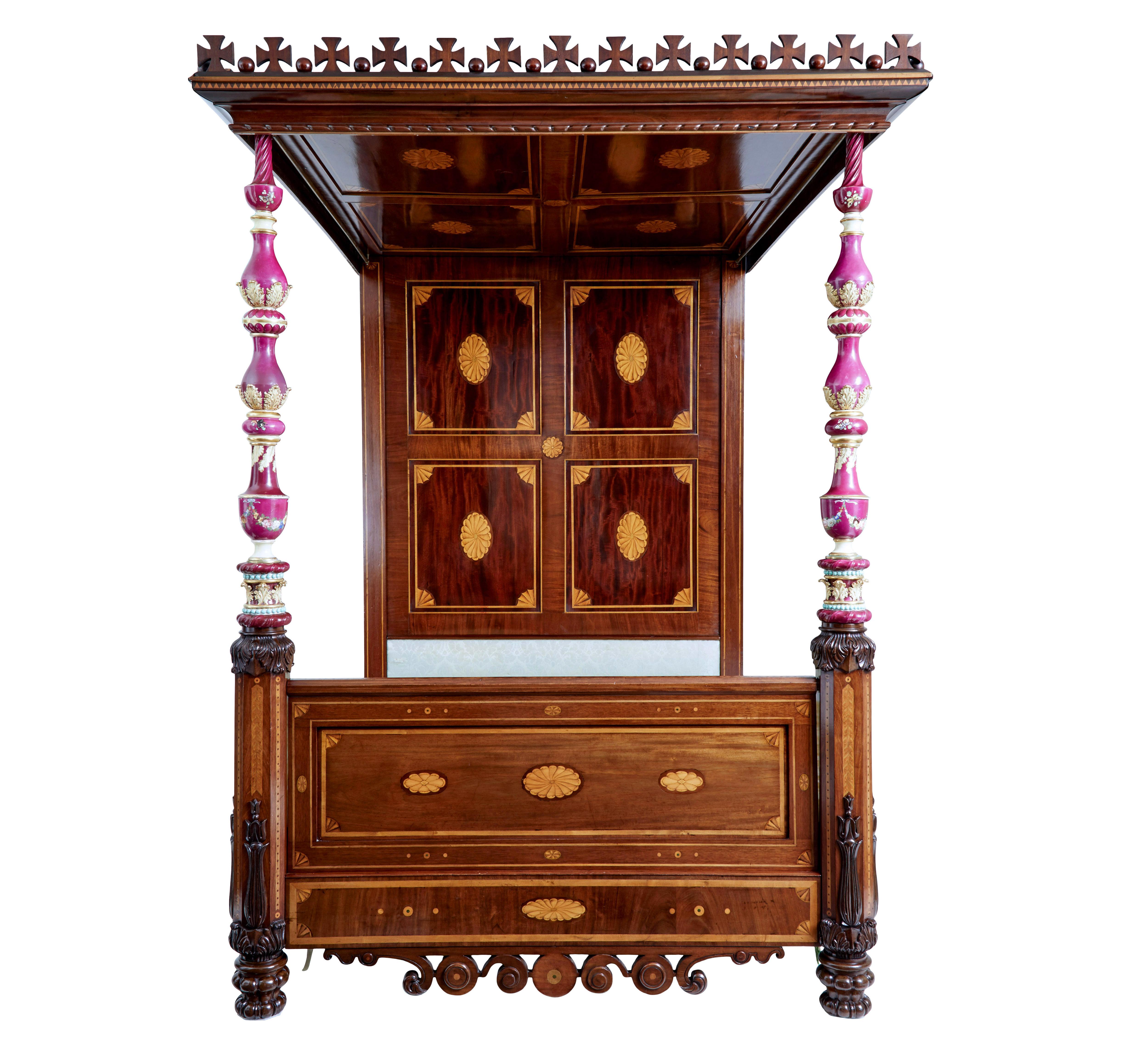 English Rare 19th century mahogany and porcelain 4 poster bed For Sale