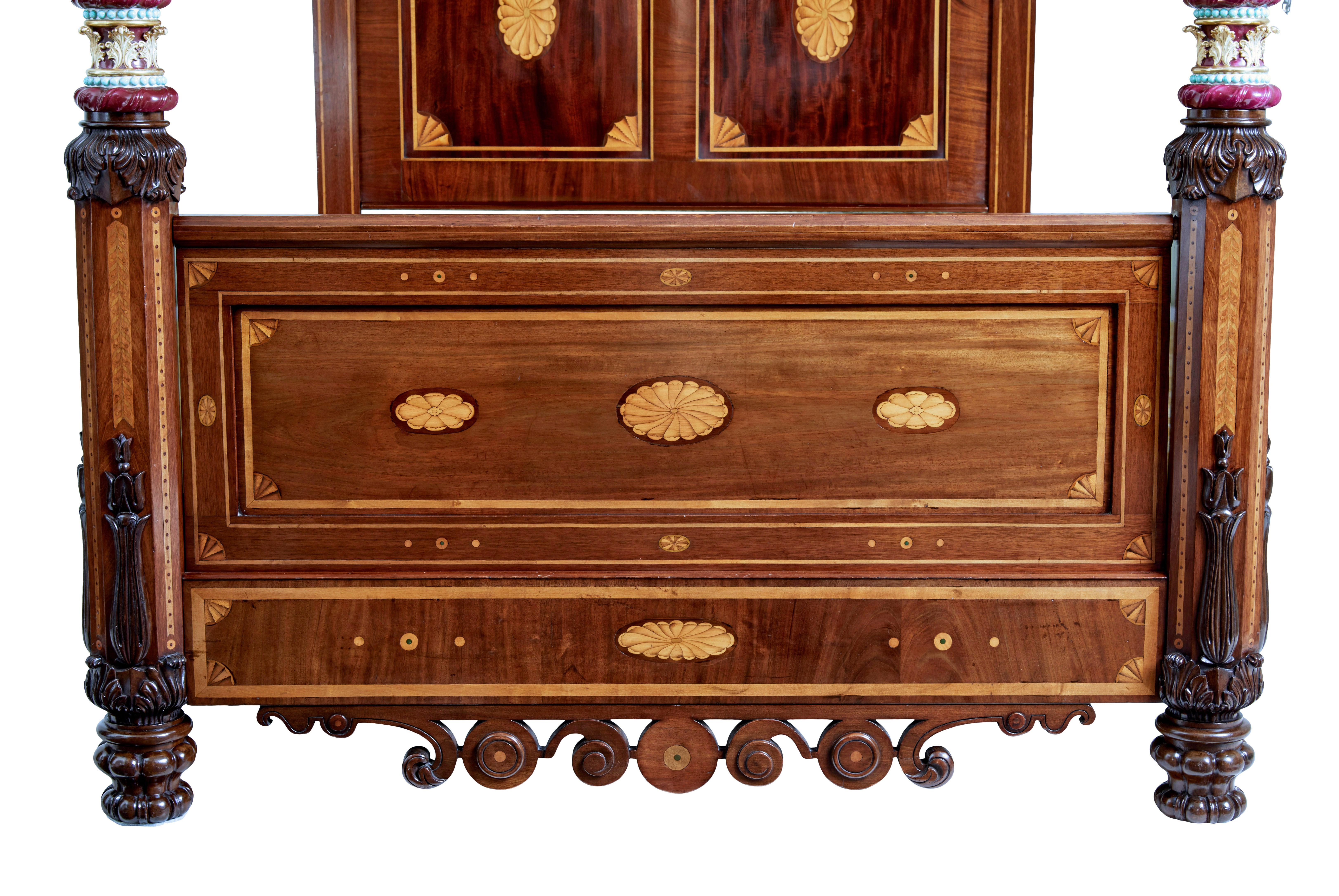 Carved Rare 19th century mahogany and porcelain 4 poster bed For Sale