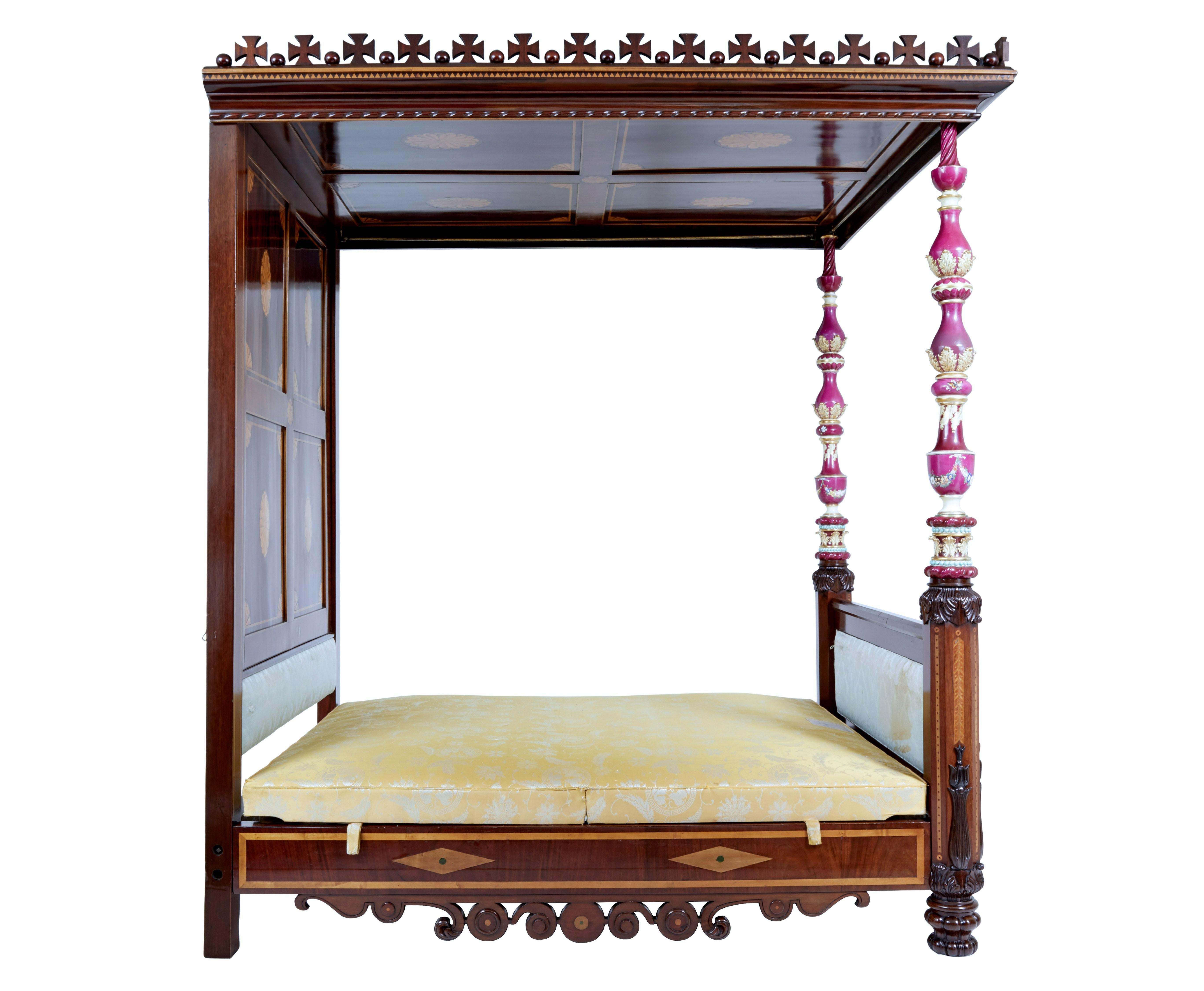 Rare 19th Century Mahogany and Porcelain 4 Poster Bed In Good Condition For Sale In Debenham, Suffolk