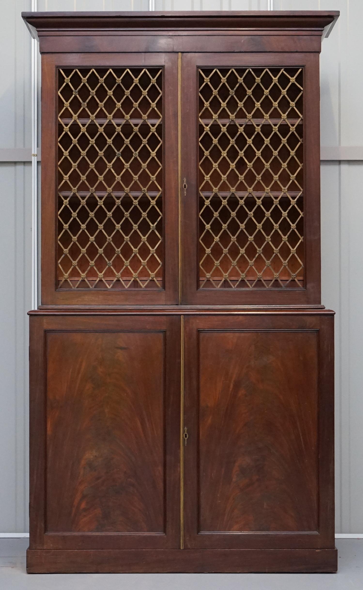 Victorian Rare 19th Century Mahogany Pierced Bronzed Door Bookcase with Chest of Drawers