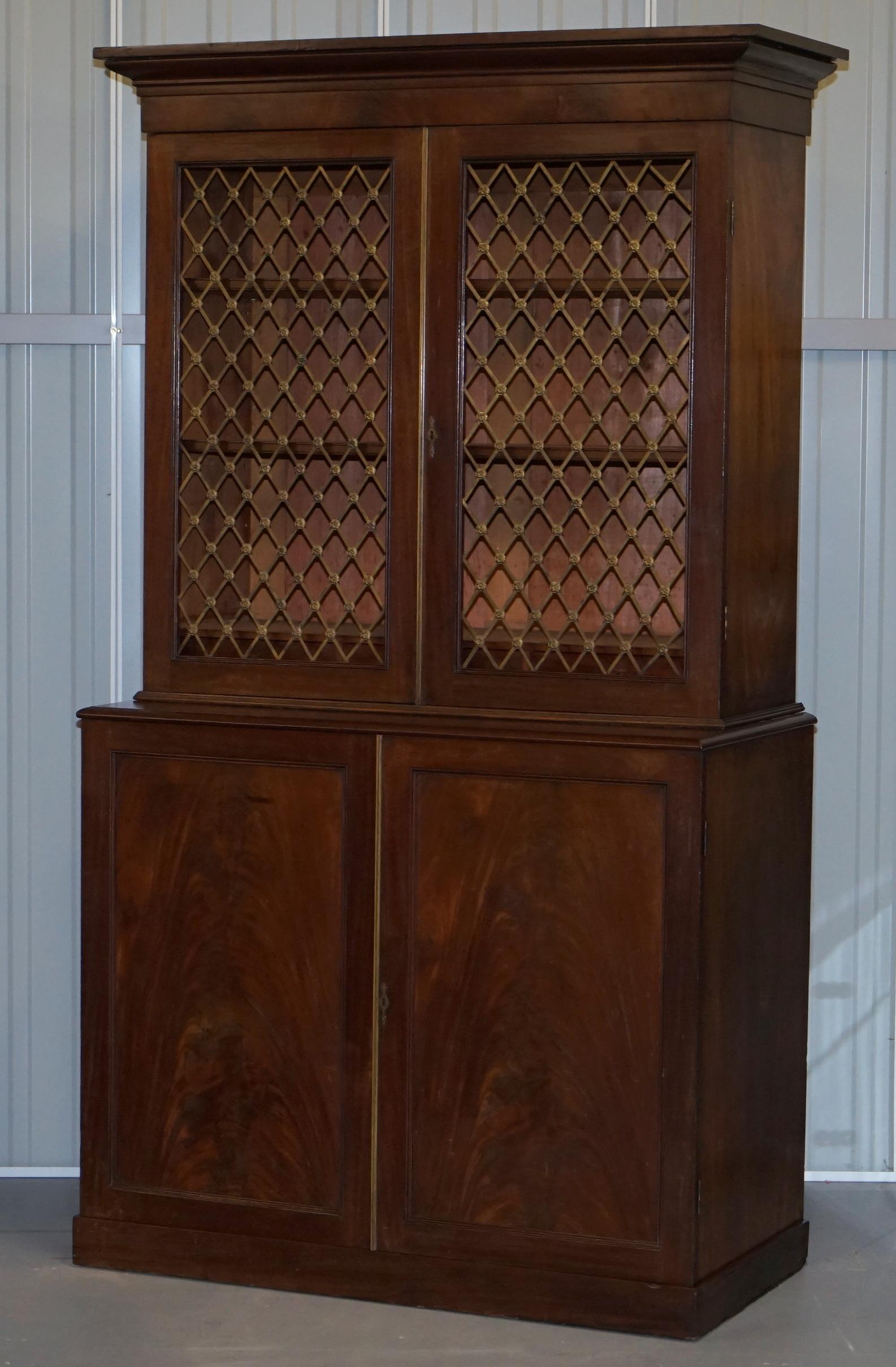 English Rare 19th Century Mahogany Pierced Bronzed Door Bookcase with Chest of Drawers