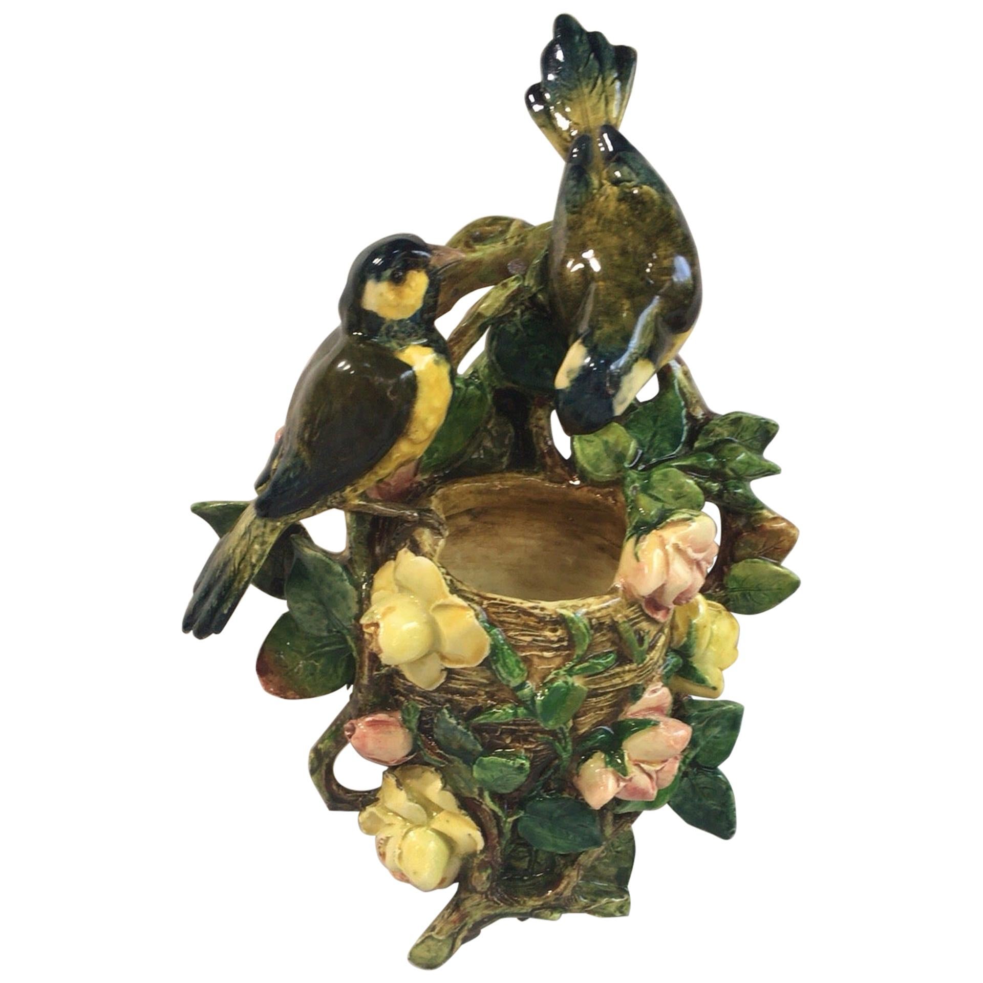 Rare 19th century Majolica birds and roses wall pocket signed Delphin Massier, circa 1890.
The Massier are known for the quality of their unique enamels and paintings. The Massier family produced different pieces with birds in a very creative style