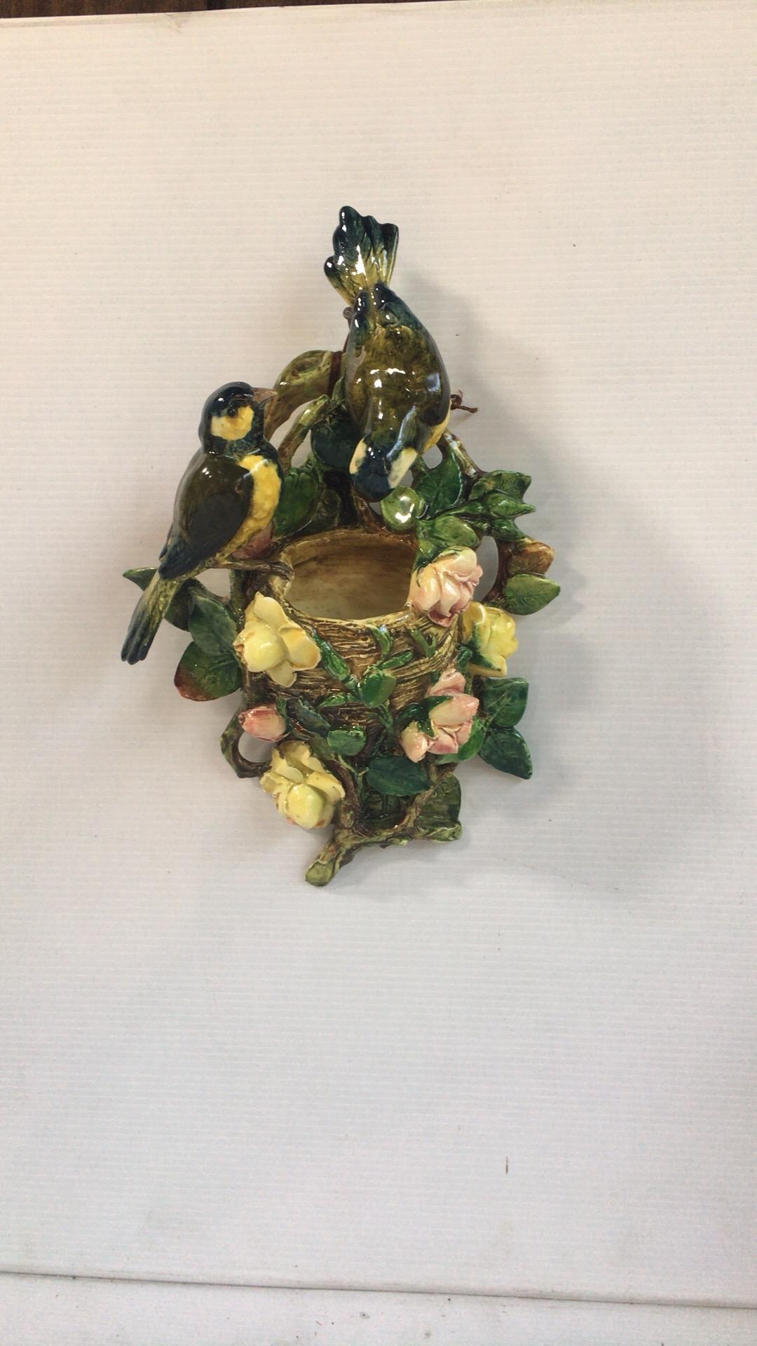 French Rare 19th Century Majolica Birds and Roses Wall Pocket Delphin Massier