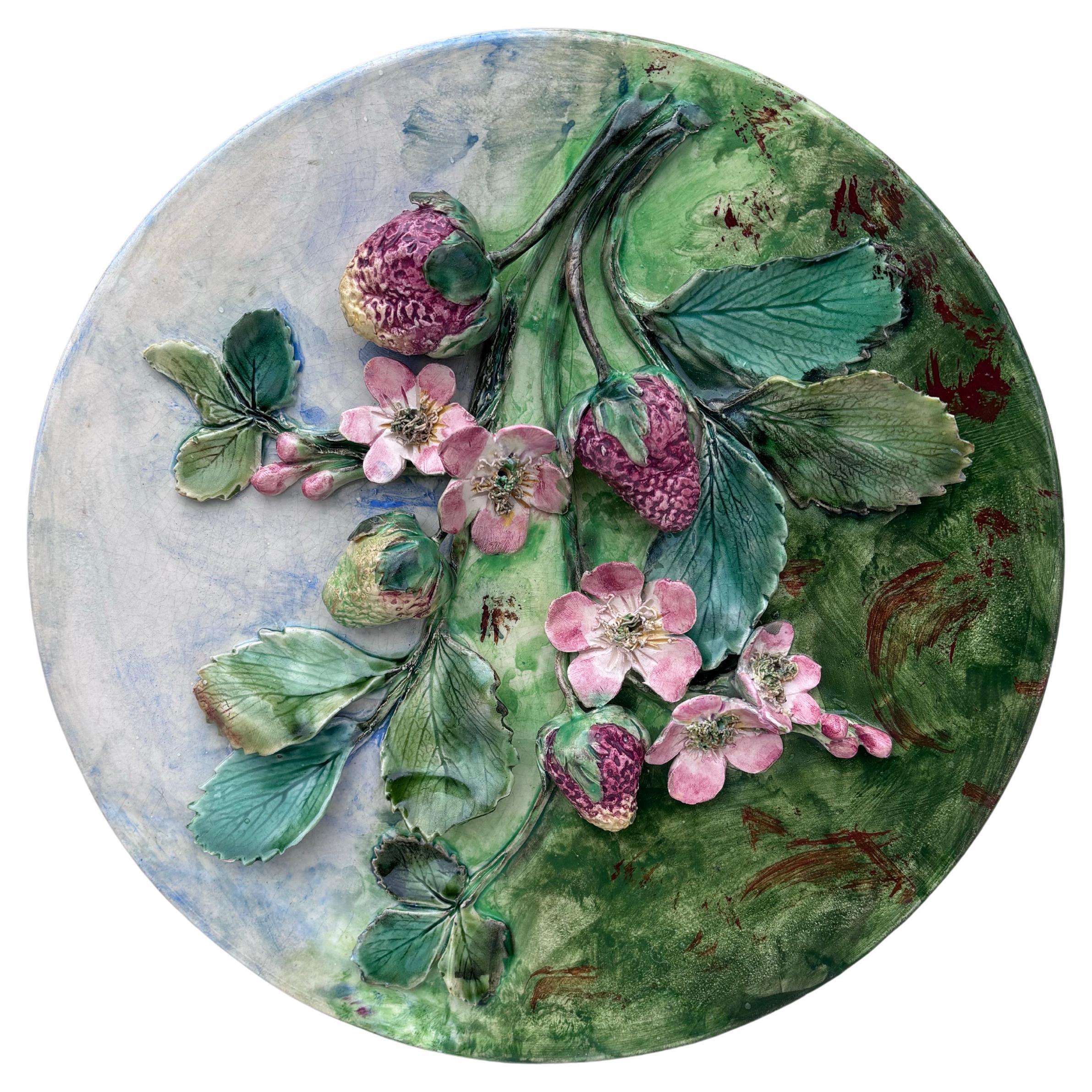 Rare 19th Century Majolica Strawberries Wall Platter Longchamp