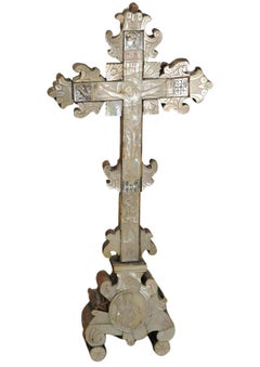 Rare 19th Century Olive Wood Crucifix Altar Cross Engraved & Highly Decorative