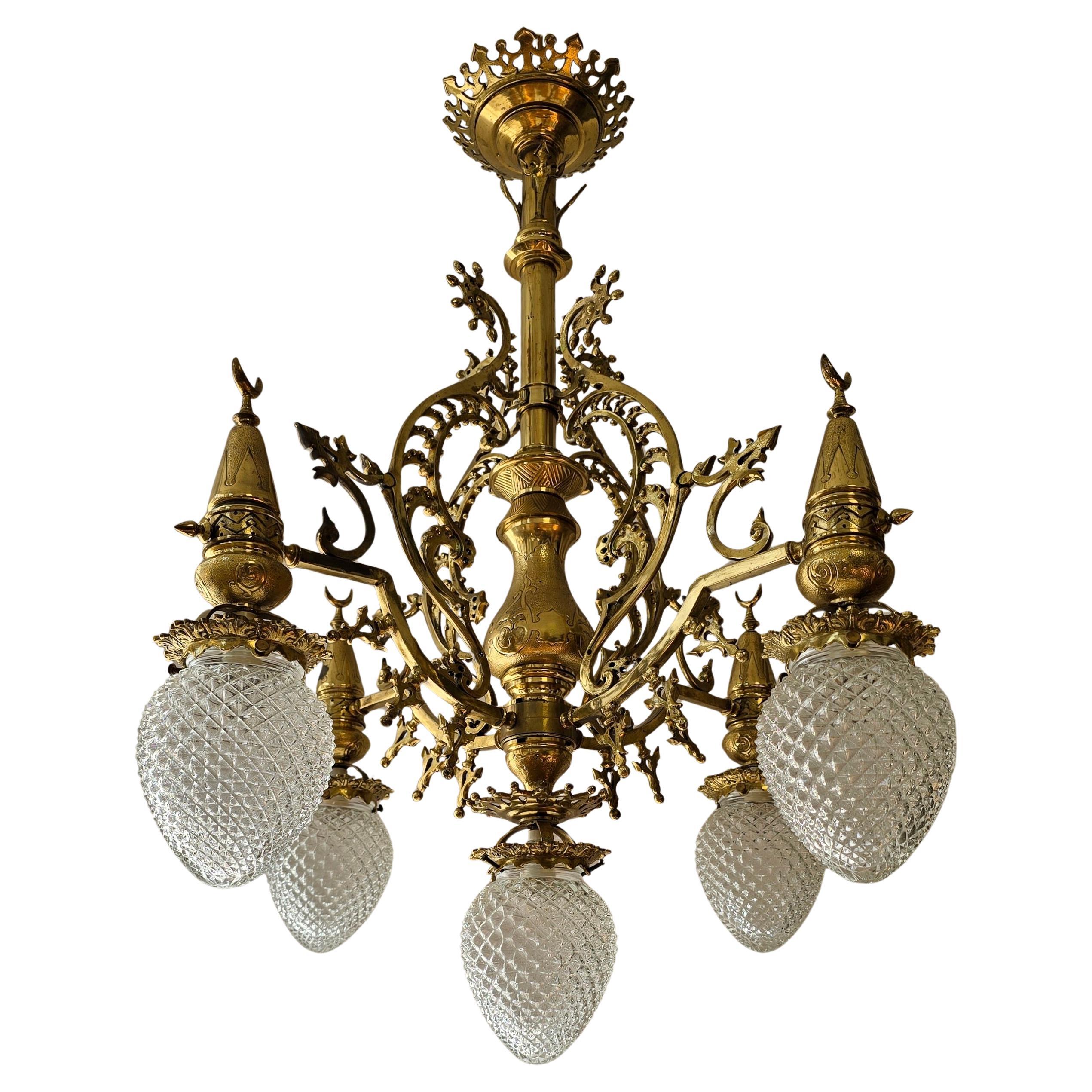 Rare 19th-Century Ottoman-Style Gas Chandelier in Brass and Cut Crystal Glass