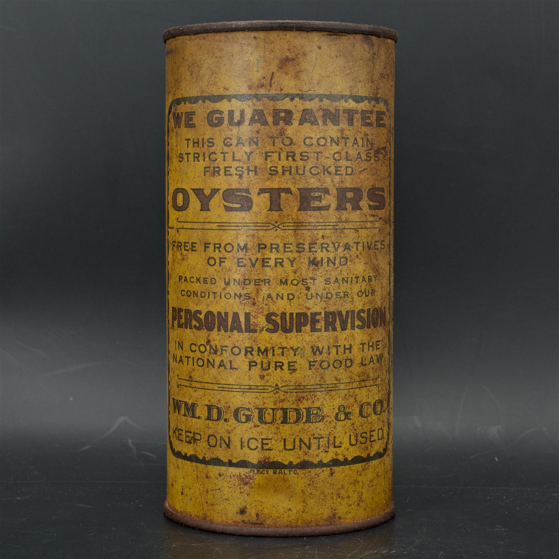 Late Victorian Rare 19th Century Oyster Can WM.D. Gude & Company Quart Baltimore Chesapeake Bay