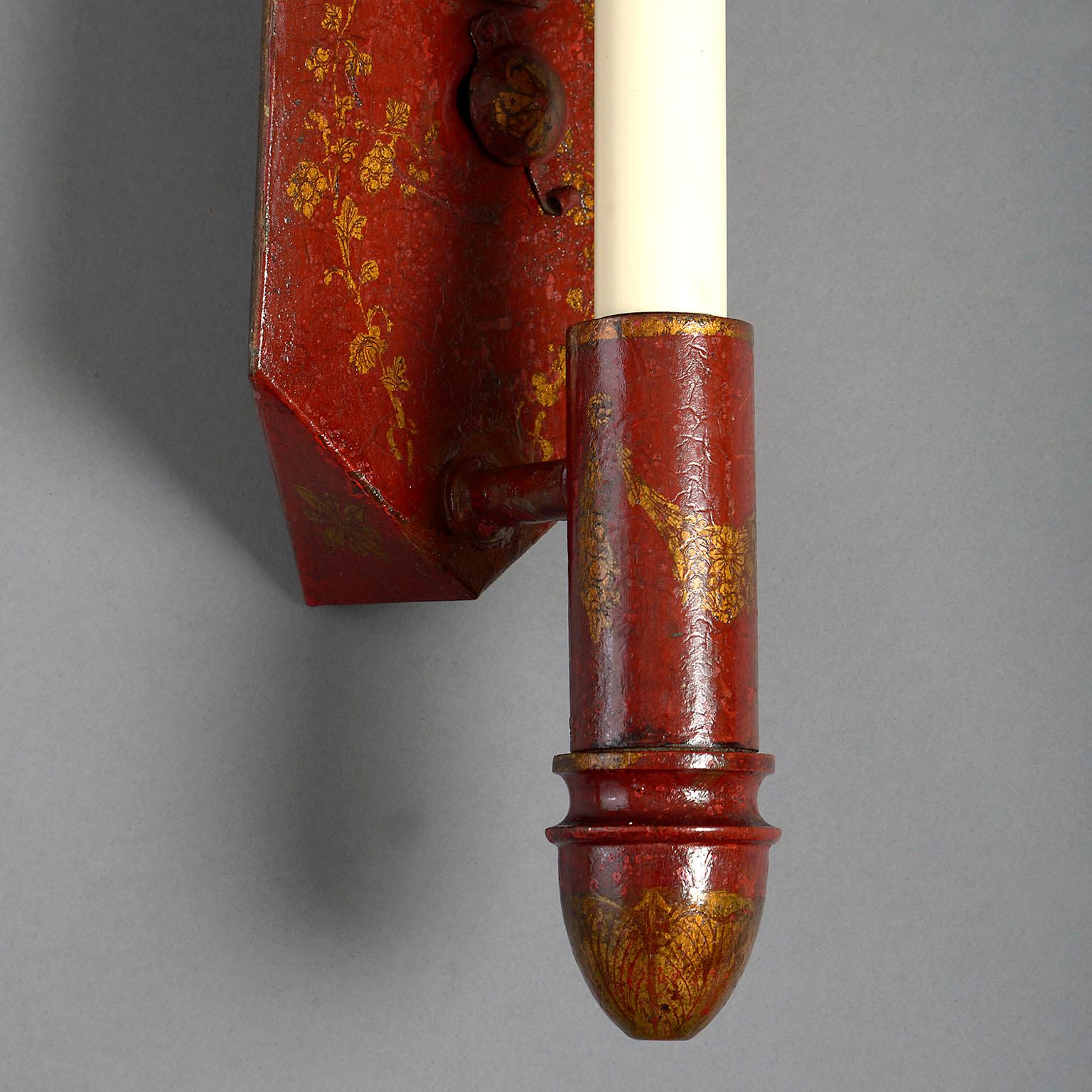 Gilt Rare 19th Century Pair of Empire Red Tôle Corner Wall Lights