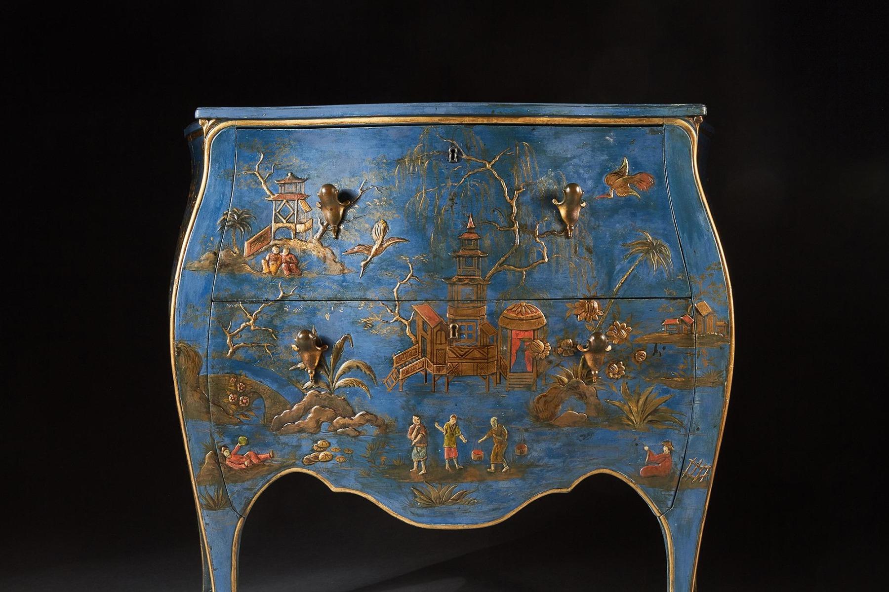 Scandinavian Rare 19th Century Pale Blue Japanned Bombe Chinoiserie Commode