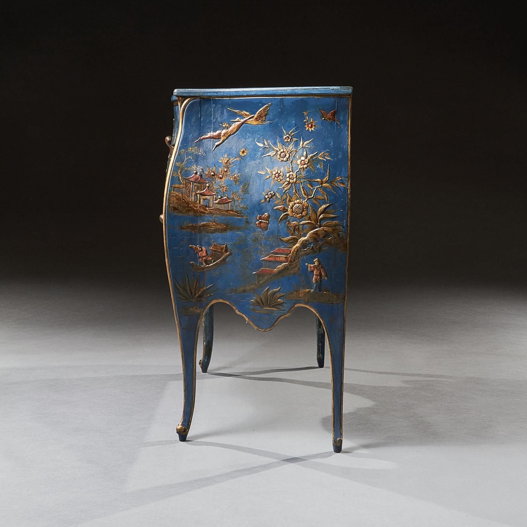 Brass Rare 19th Century Pale Blue Japanned Bombe Chinoiserie Commode
