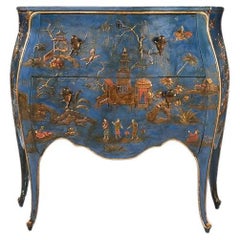 Rare 19th Century Pale Blue Japanned Bombe Chinoiserie Commode