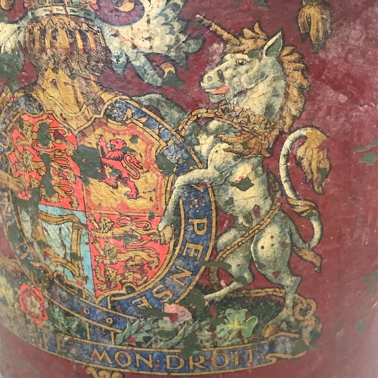 A beautiful and rare 19th century fire bucket made from Papier Mache and would have held sand in the event of a fire. 
With a beautiful quality Royal Coat Of Arms this would have come from a large stately house or possibly a Royal residents. With