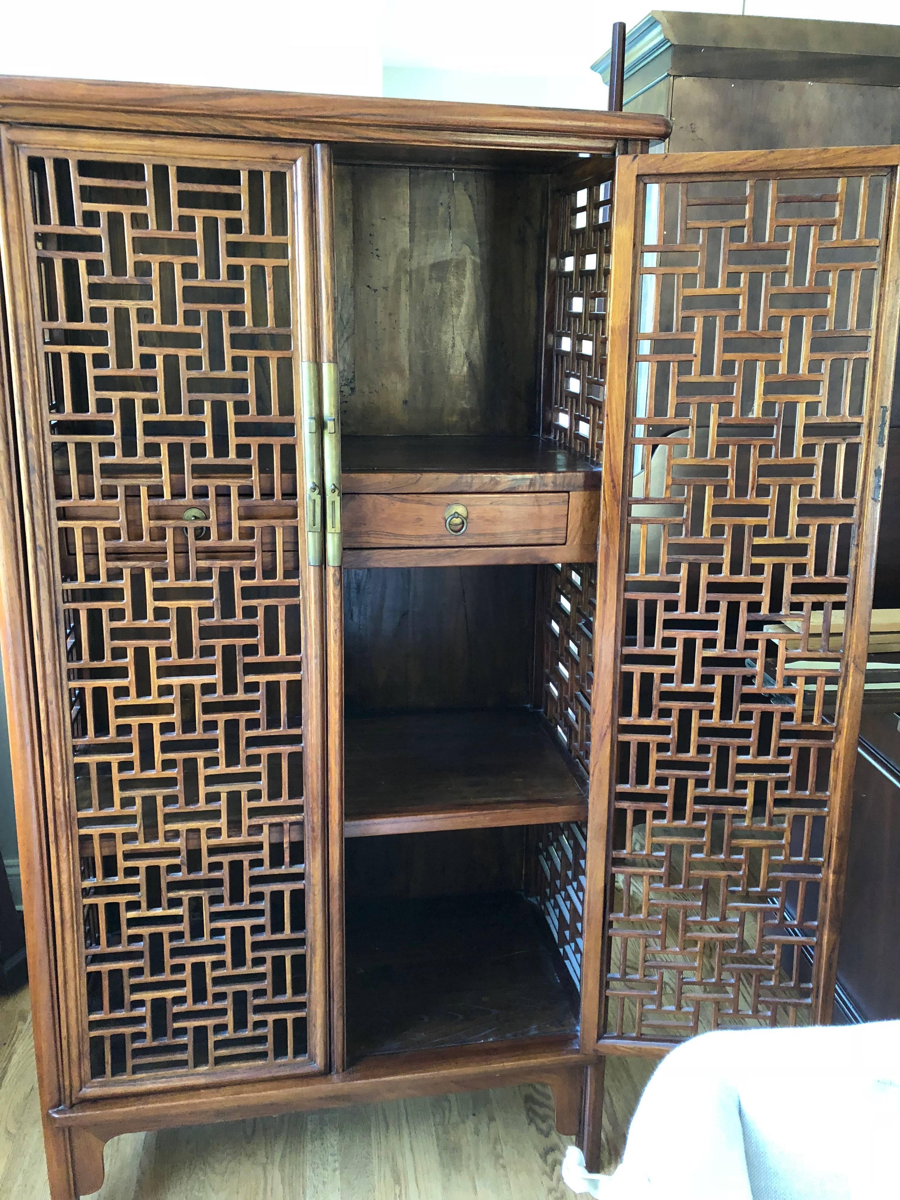 Chinese Export Rare 19th Century Quing Dynasty Hardwood Tapered Lattice Work Cabinet