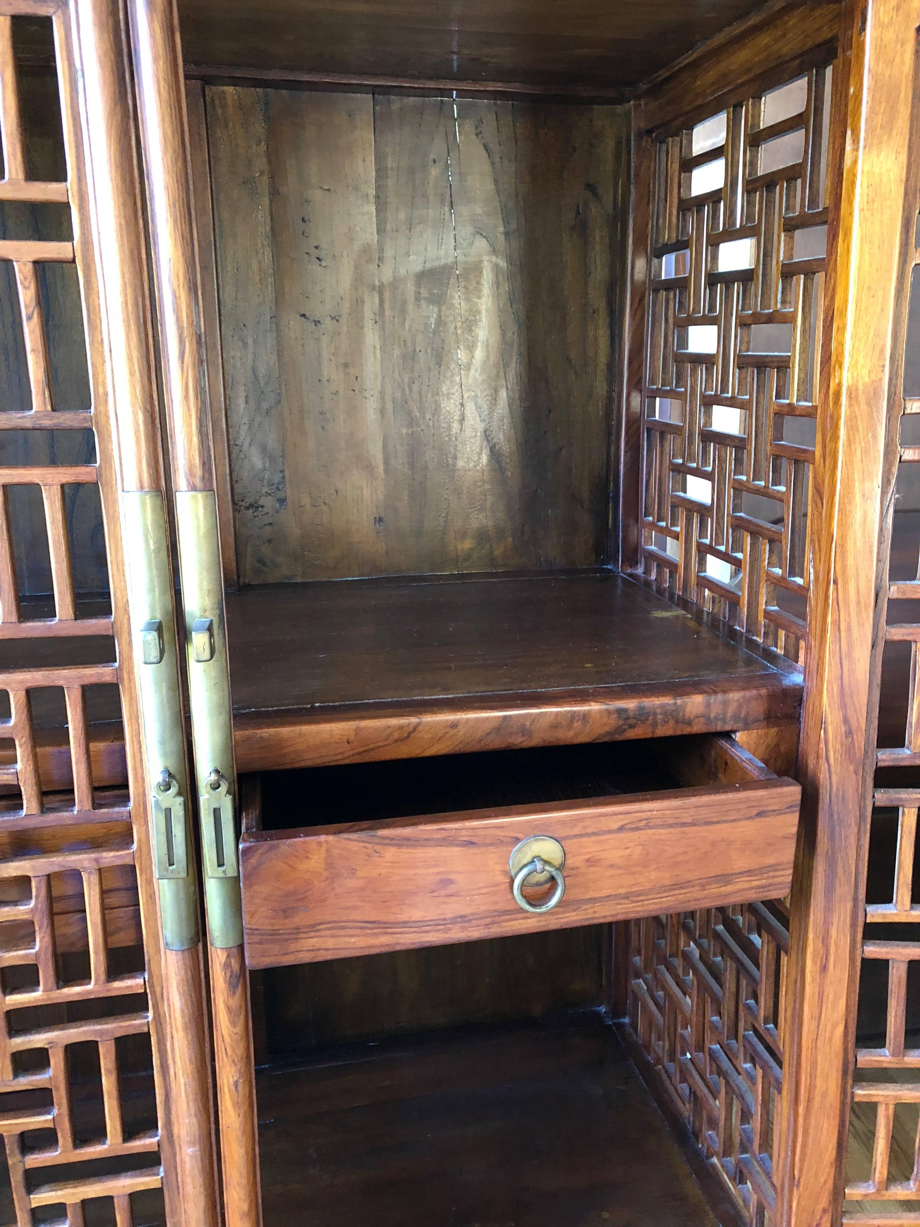 Singaporean Rare 19th Century Quing Dynasty Hardwood Tapered Lattice Work Cabinet