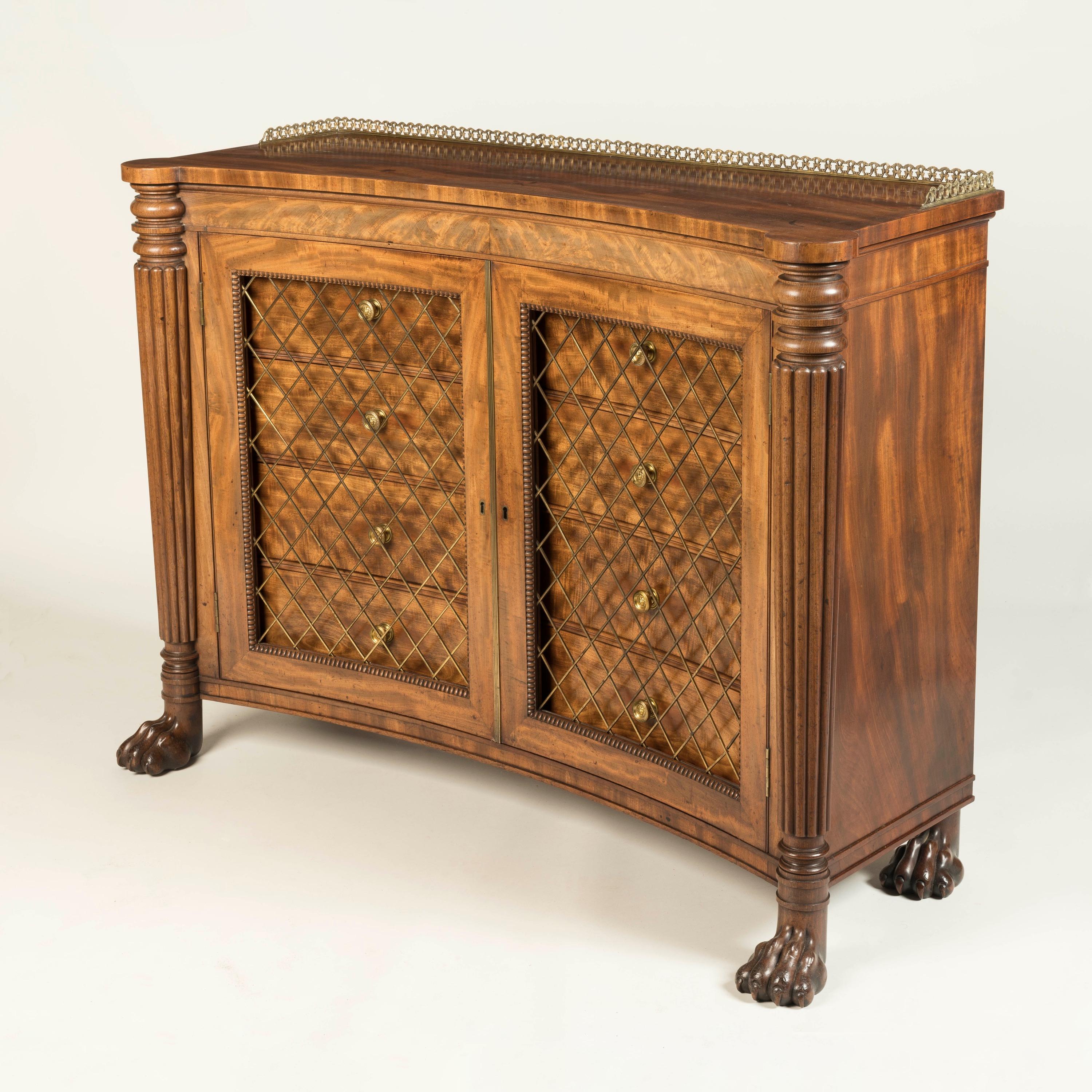 English Rare 19th Century Regency Concave Side Cabinet of Mahogany with Brass Accents For Sale