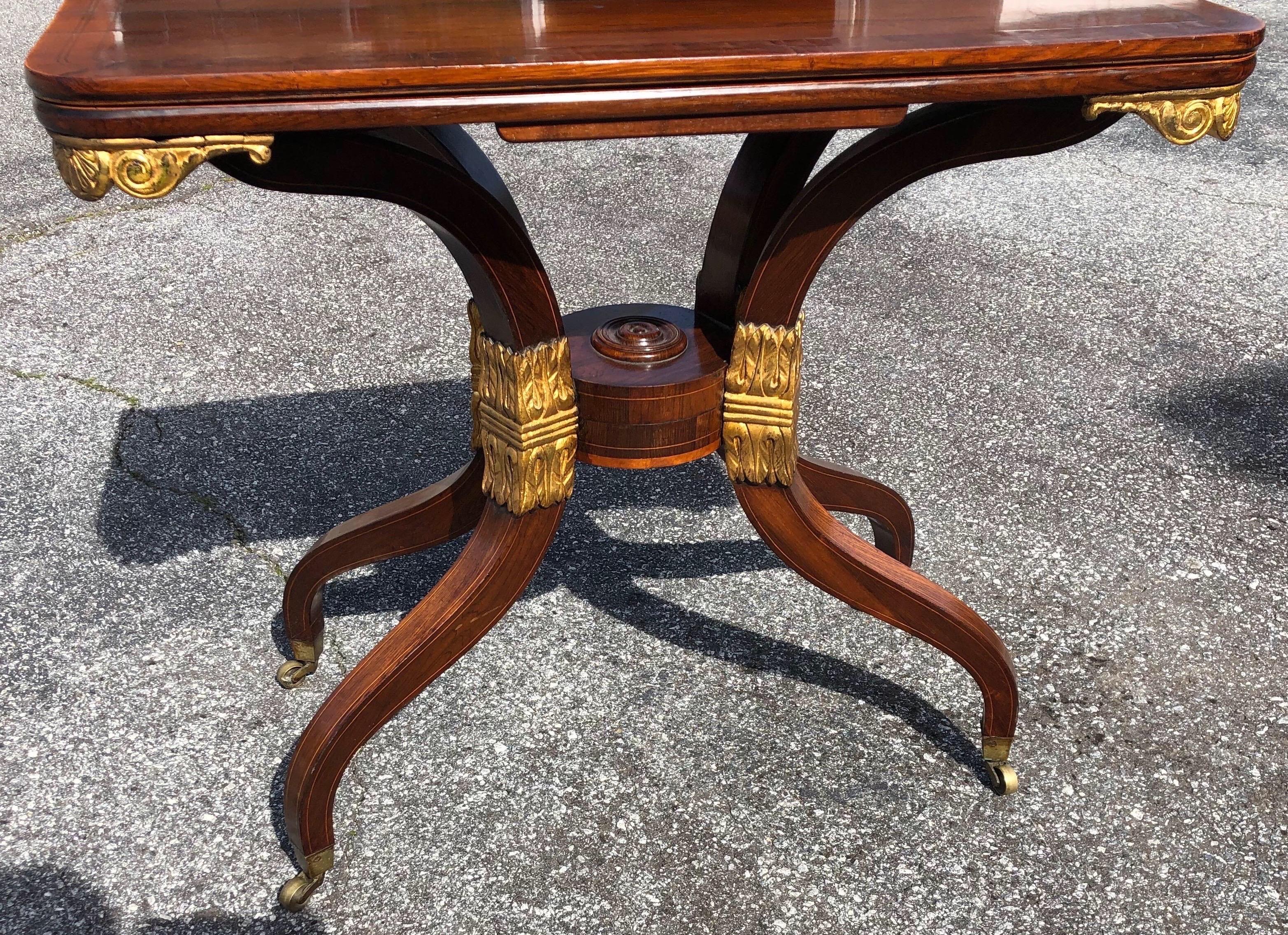 English Rare 19th Century Regency Rosewood & Parcel Gilt Card Table Possibly G. Bullock