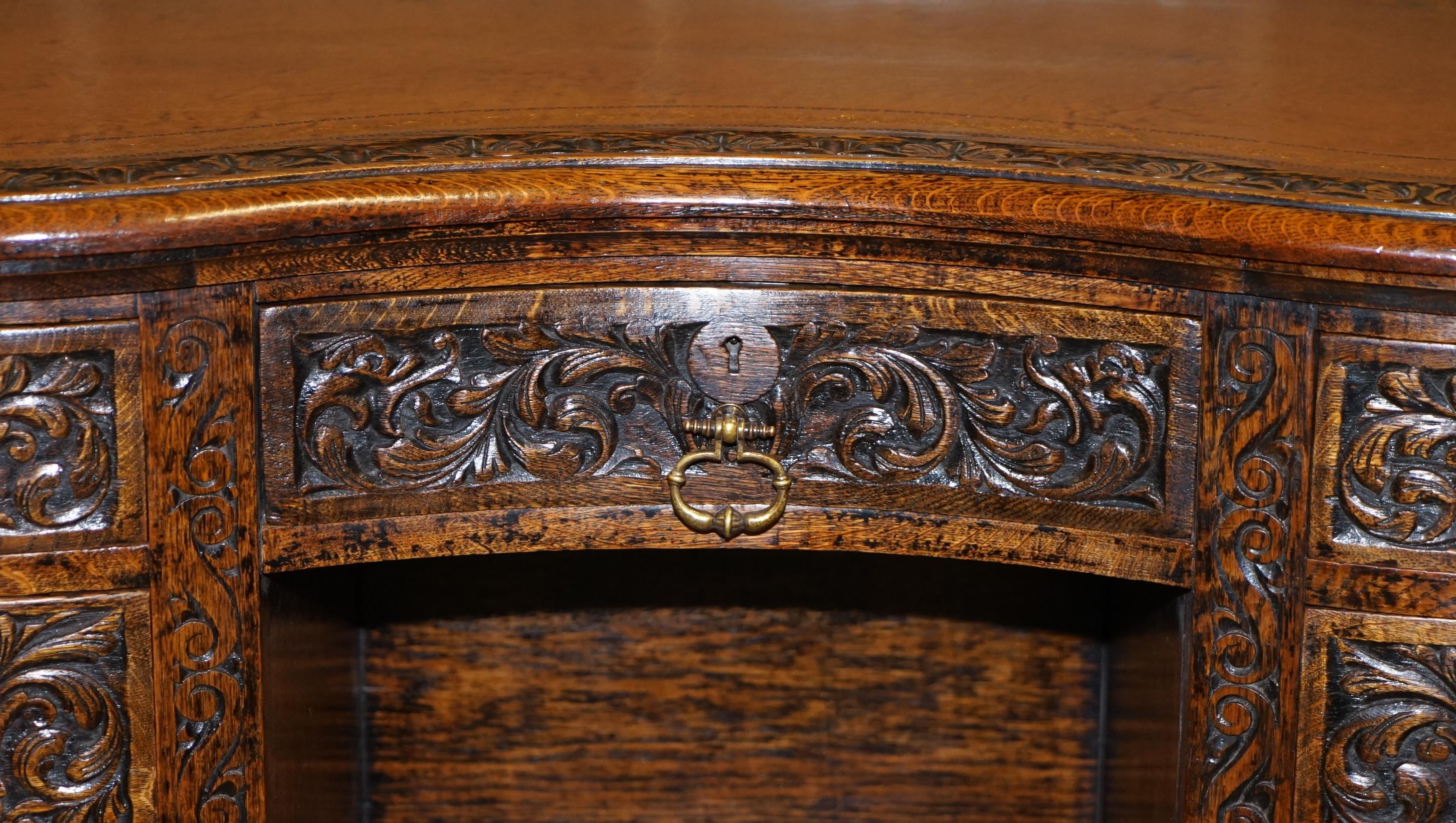 Rare 19th Century Restored English Oak Brown Leather Kidney Desk Gothic Jacobean 6