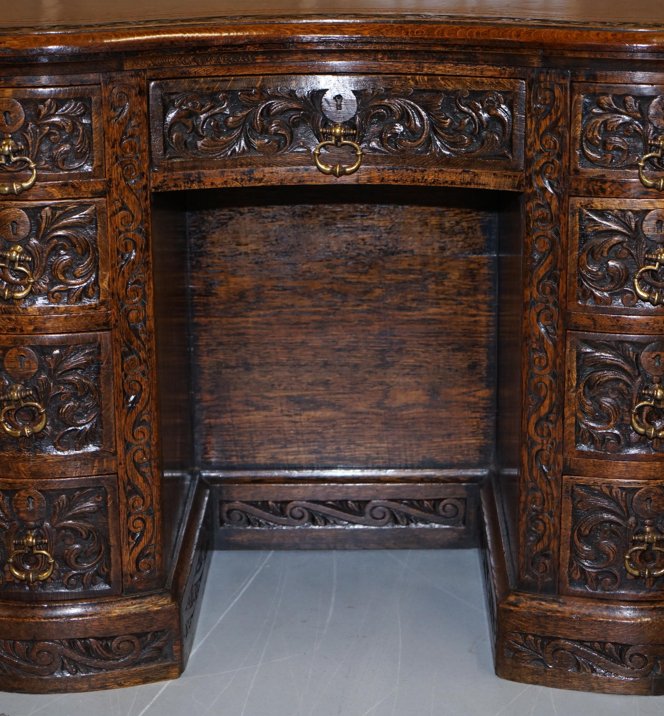 Rare 19th Century Restored English Oak Brown Leather Kidney Desk Gothic Jacobean 7