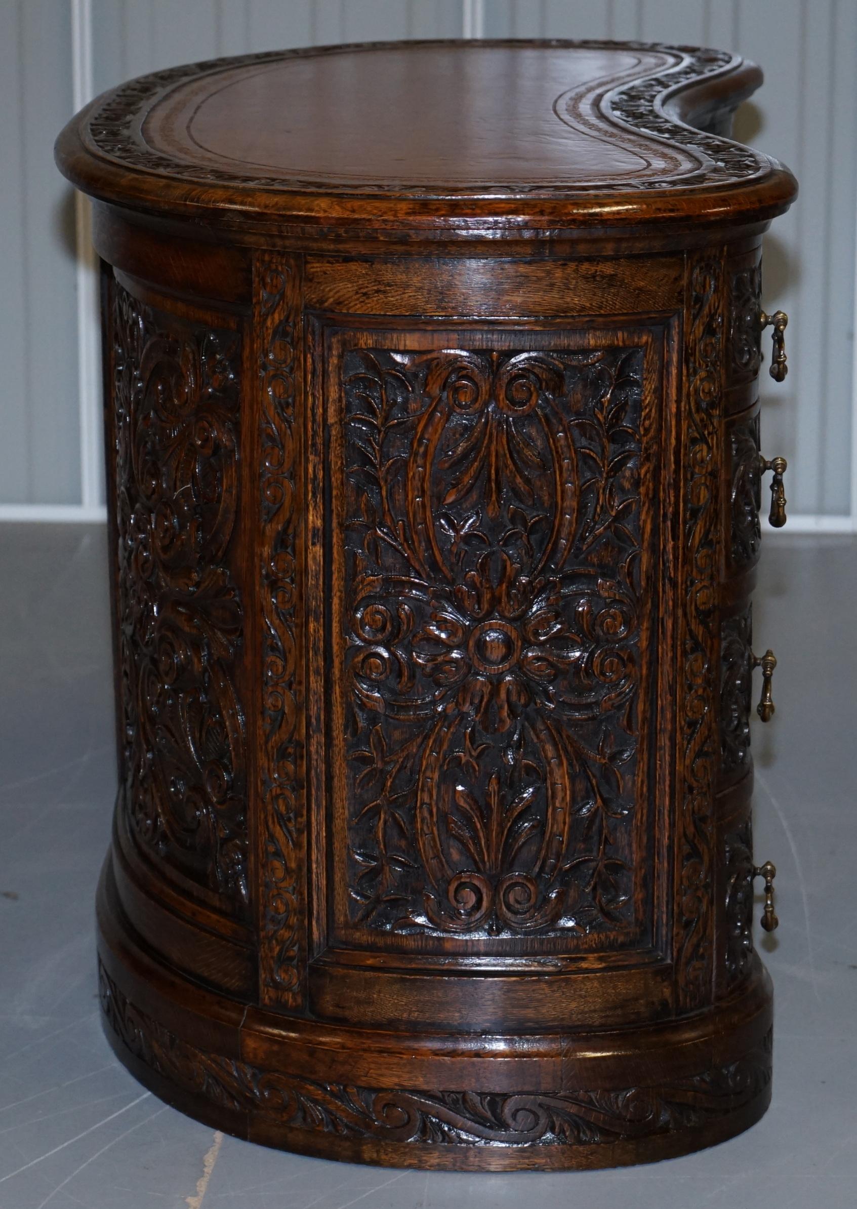Rare 19th Century Restored English Oak Brown Leather Kidney Desk Gothic Jacobean 8