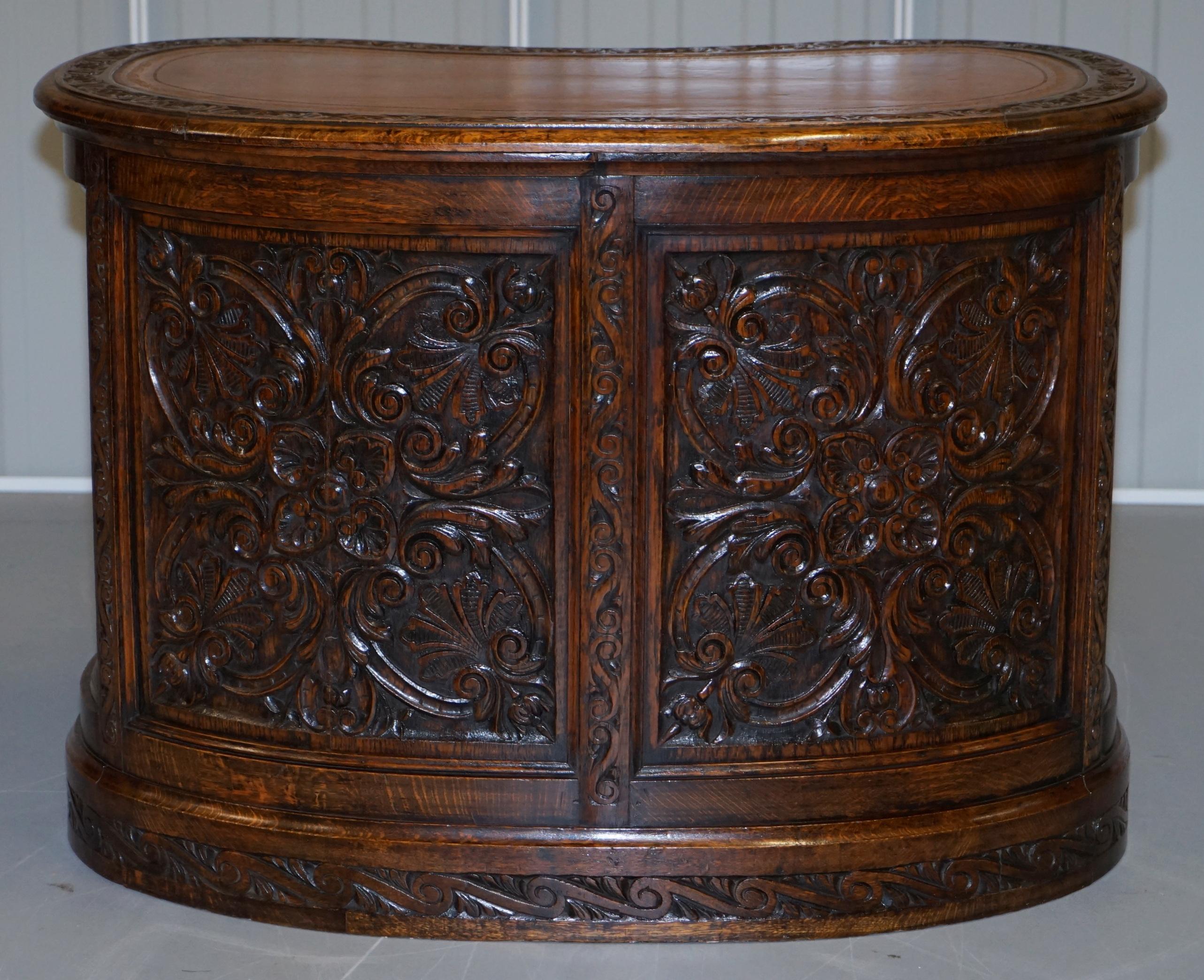 Rare 19th Century Restored English Oak Brown Leather Kidney Desk Gothic Jacobean 10