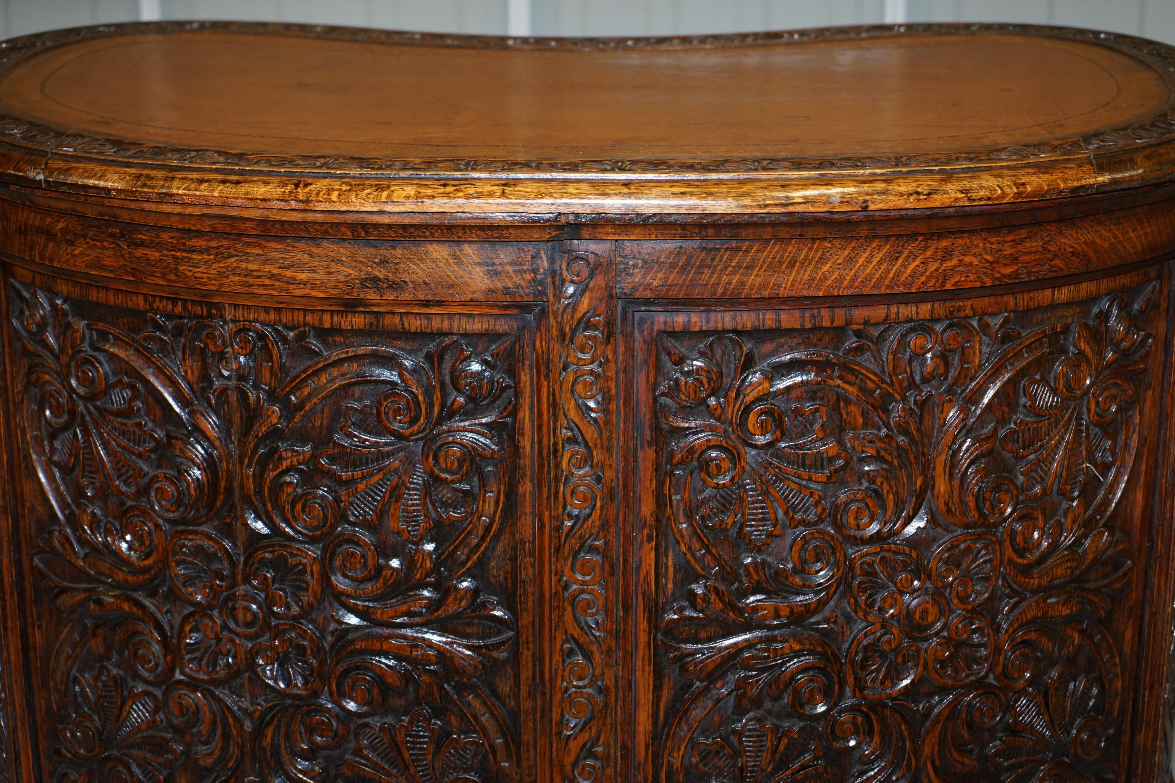 Rare 19th Century Restored English Oak Brown Leather Kidney Desk Gothic Jacobean 11