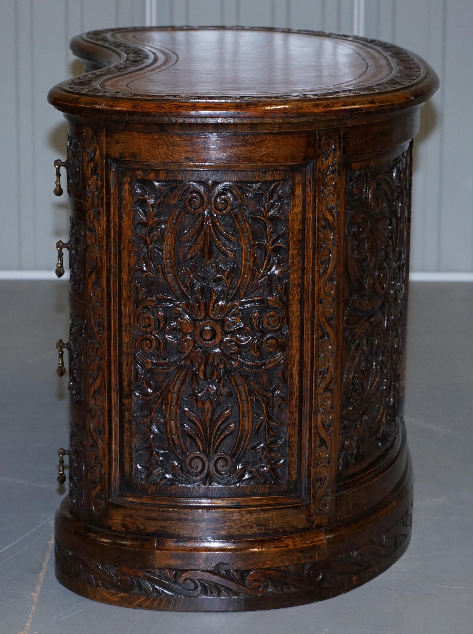 Rare 19th Century Restored English Oak Brown Leather Kidney Desk Gothic Jacobean 12