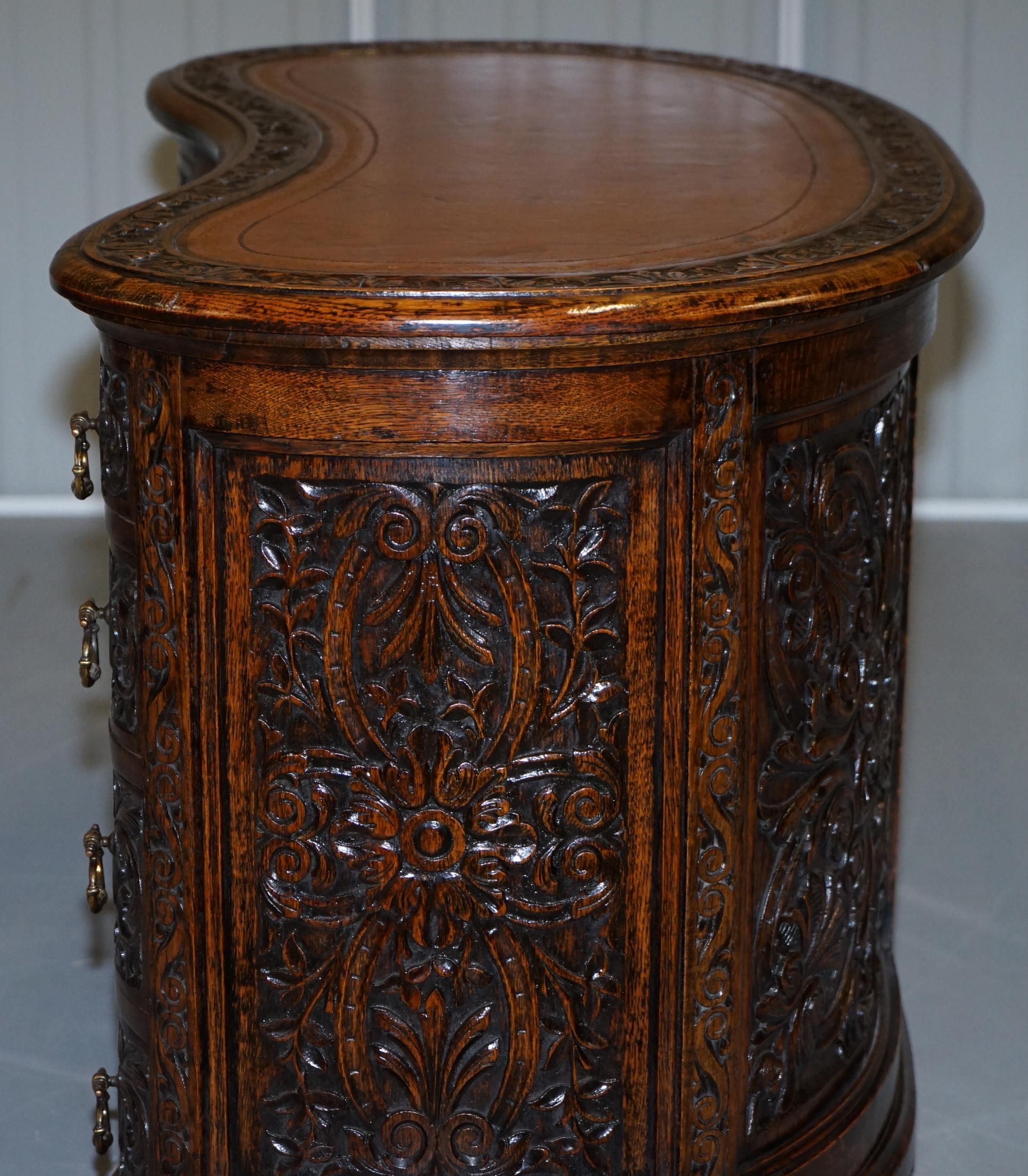 Rare 19th Century Restored English Oak Brown Leather Kidney Desk Gothic Jacobean 13