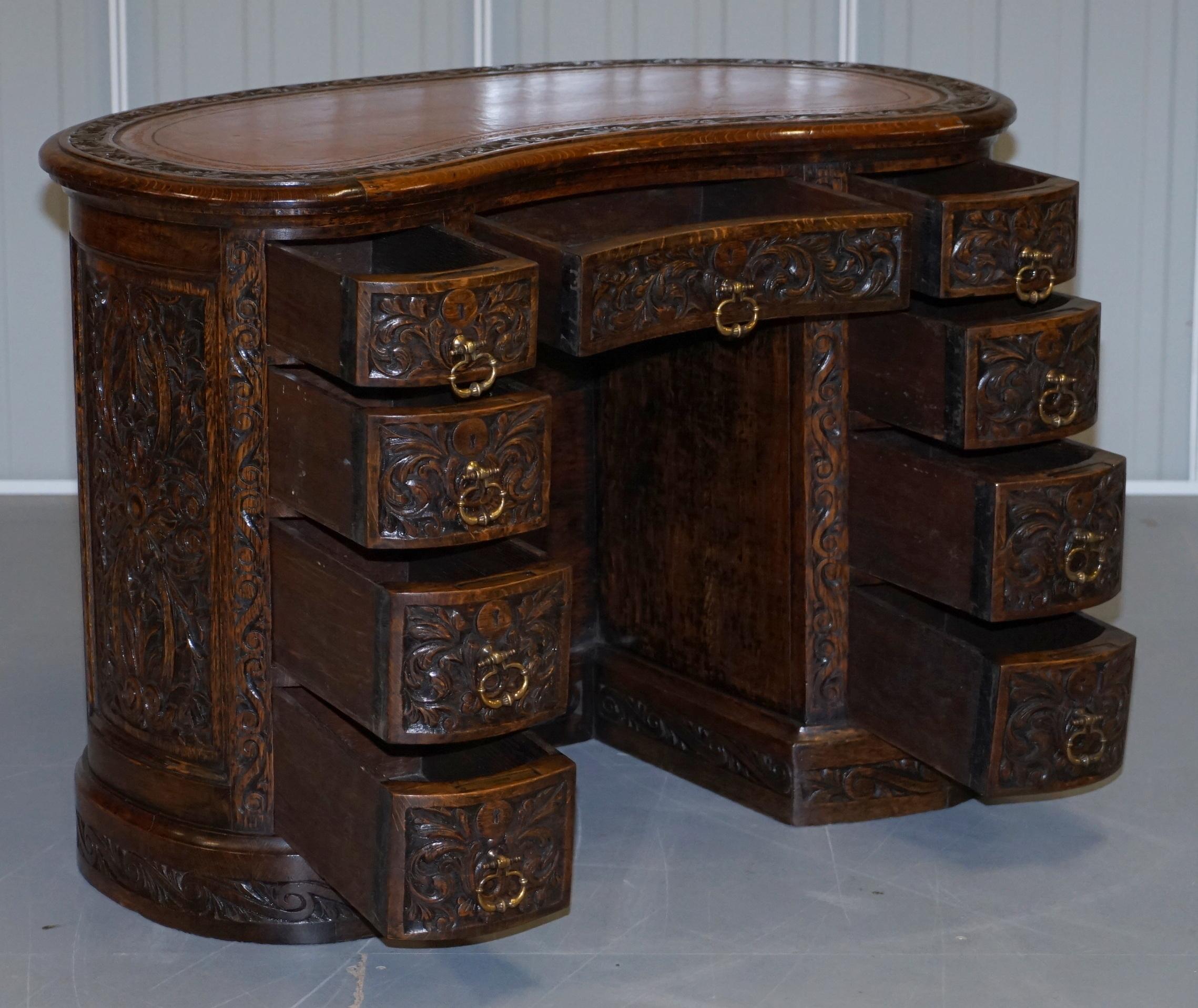 Rare 19th Century Restored English Oak Brown Leather Kidney Desk Gothic Jacobean 14