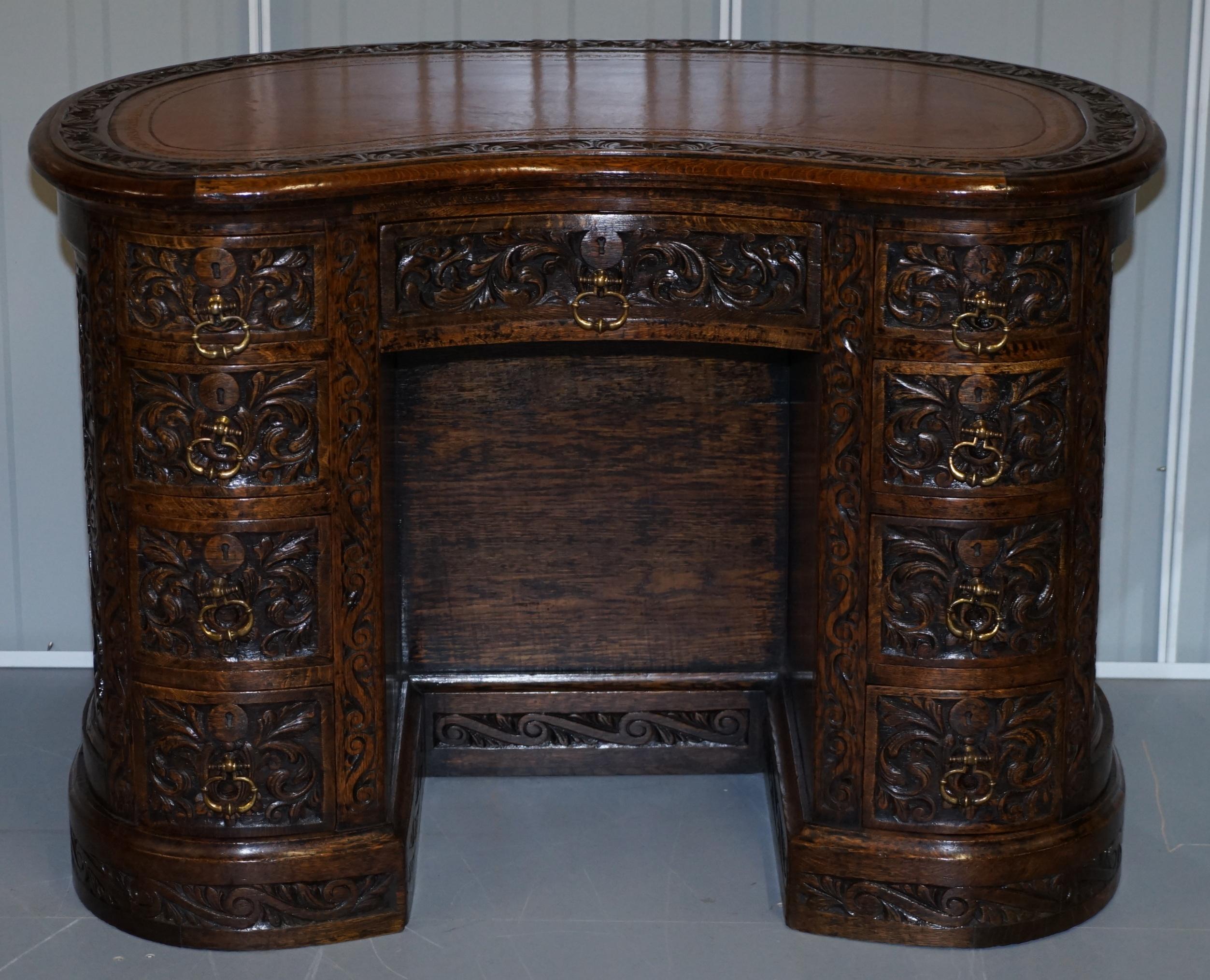Gothic Revival Rare 19th Century Restored English Oak Brown Leather Kidney Desk Gothic Jacobean